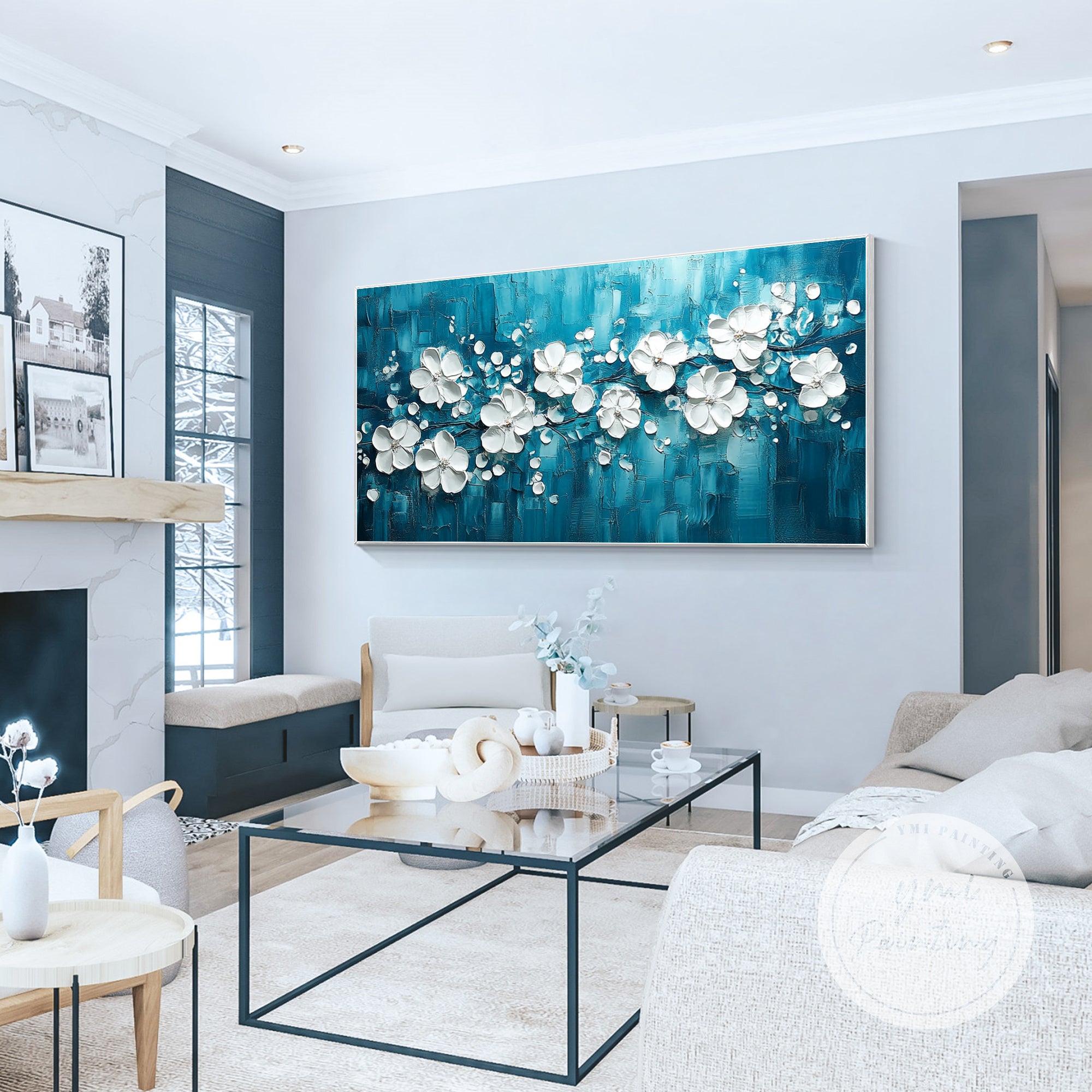 Thick palette knife flower artwork in blue tones