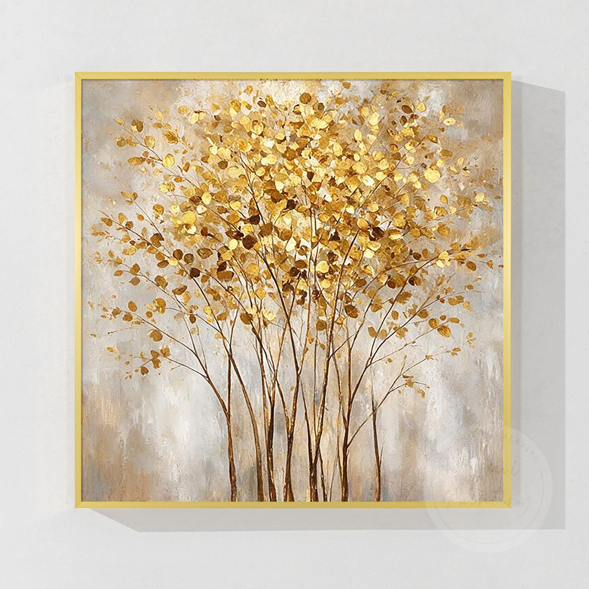 Gold tree wall art with champagne gold leaves and an ivory beige background.