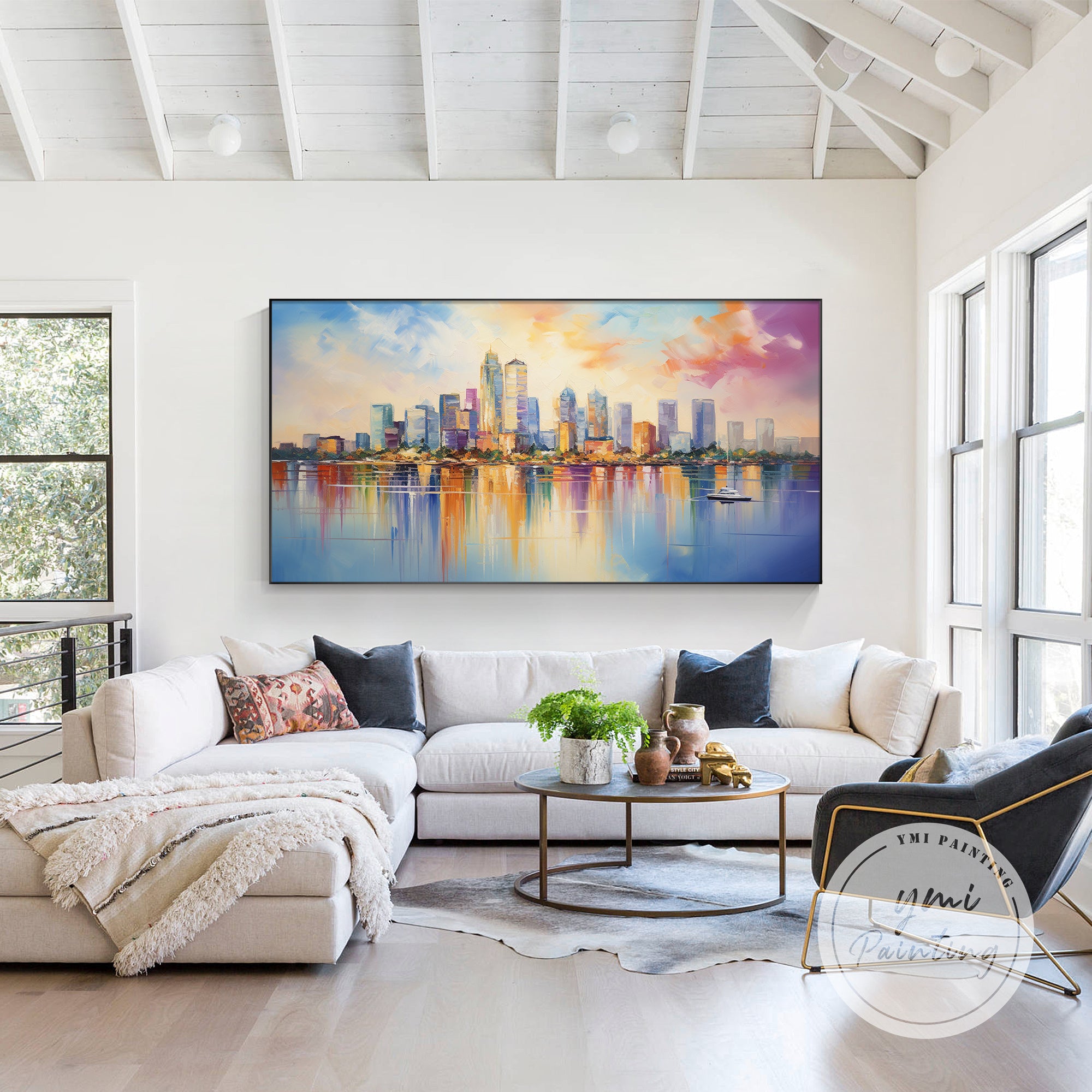 
colorful Miami skyline painting with yacht reflection wall decor in minimalist living room