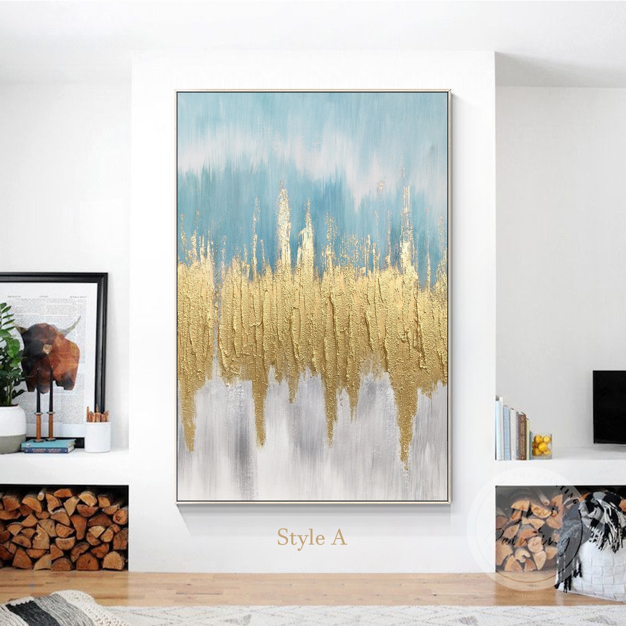 Minimalist abstract art with gold brushstrokes on blue and white background