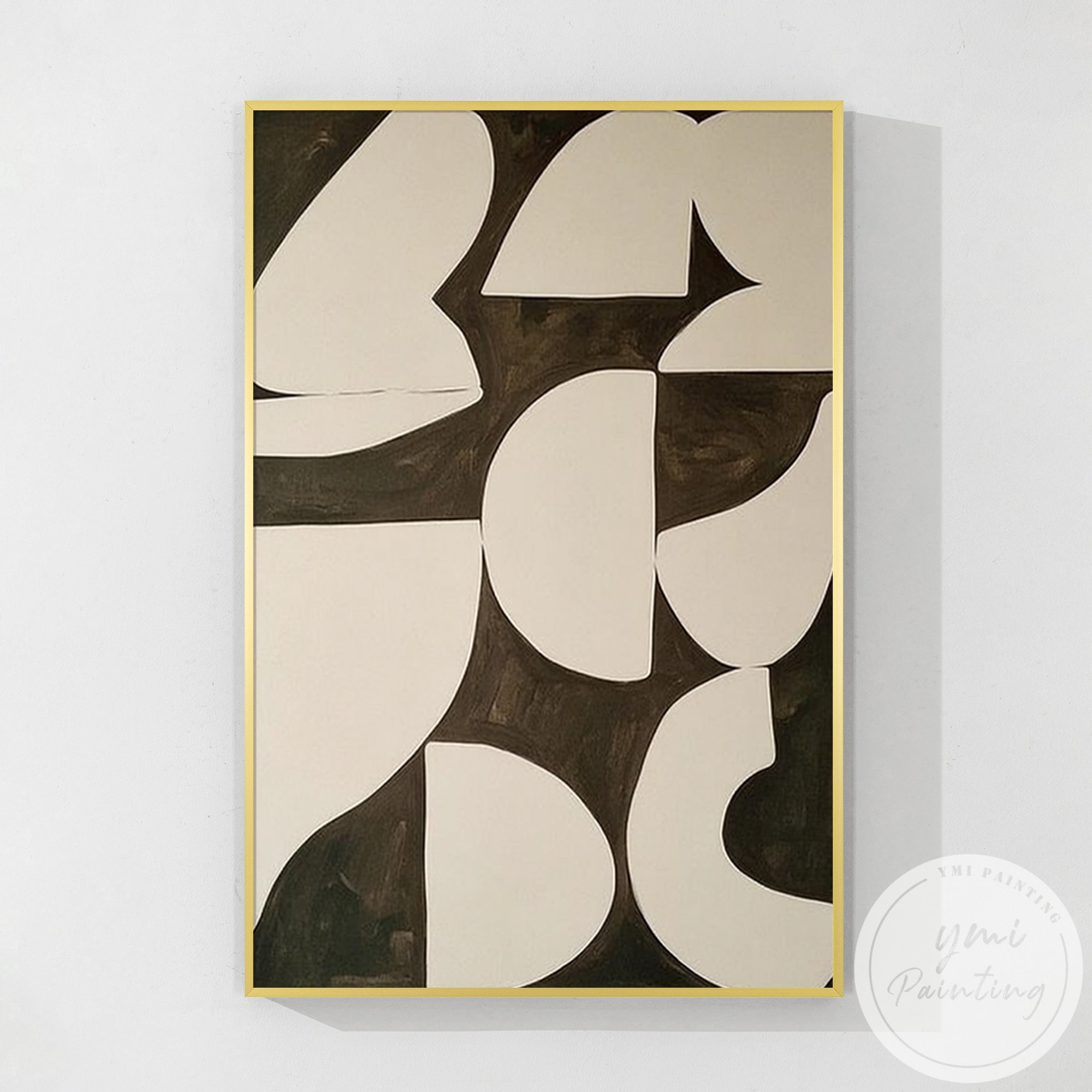 Abstract geometric wall art with beige shapes on dark brown background