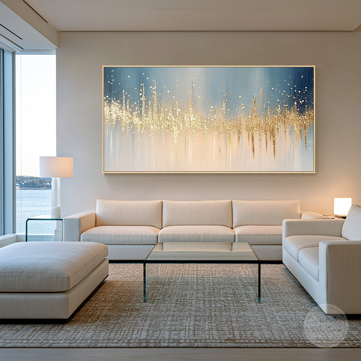 Contemporary blue and gold abstract painting with textured vertical lines
