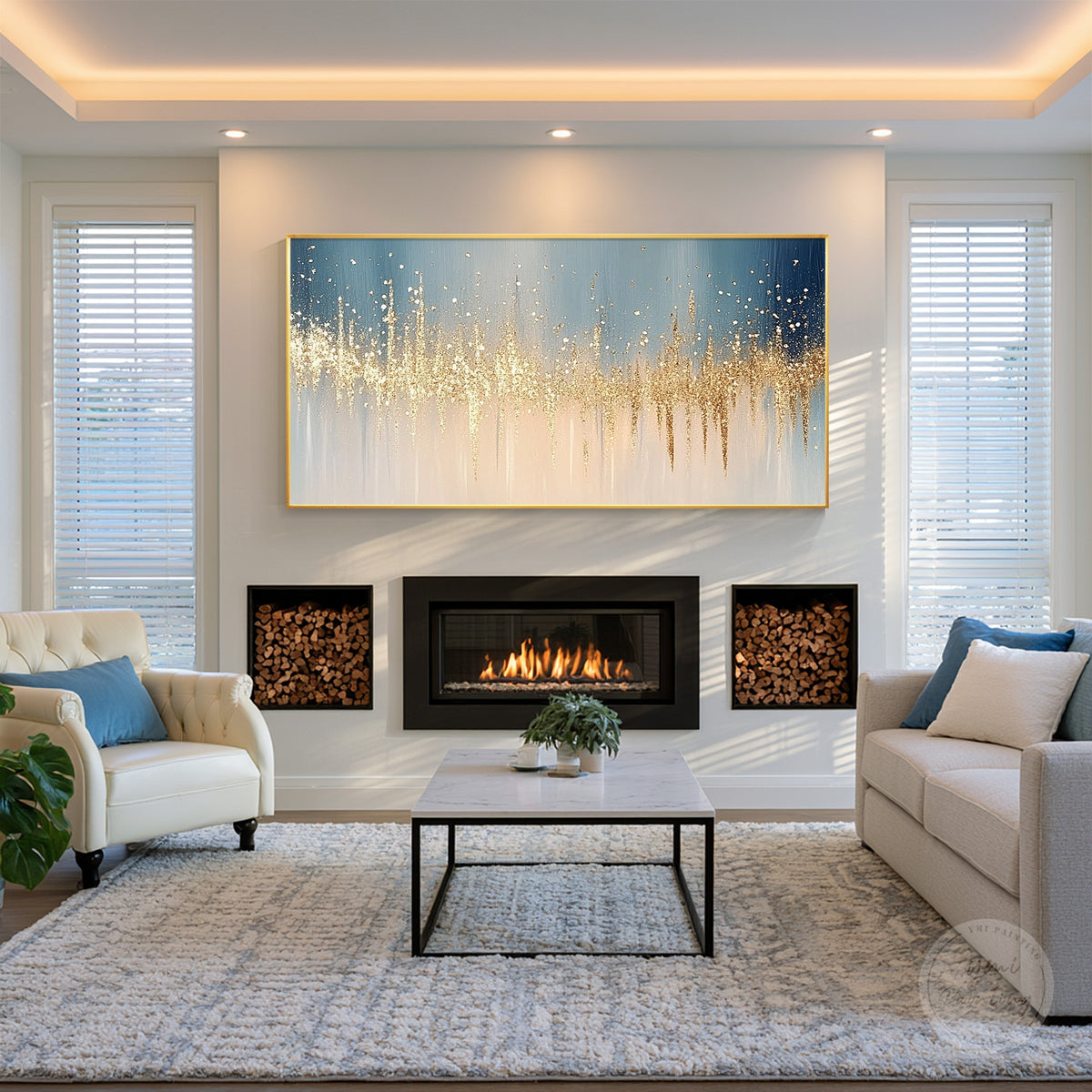 Modern gold drip painting on a deep navy blue and gray background