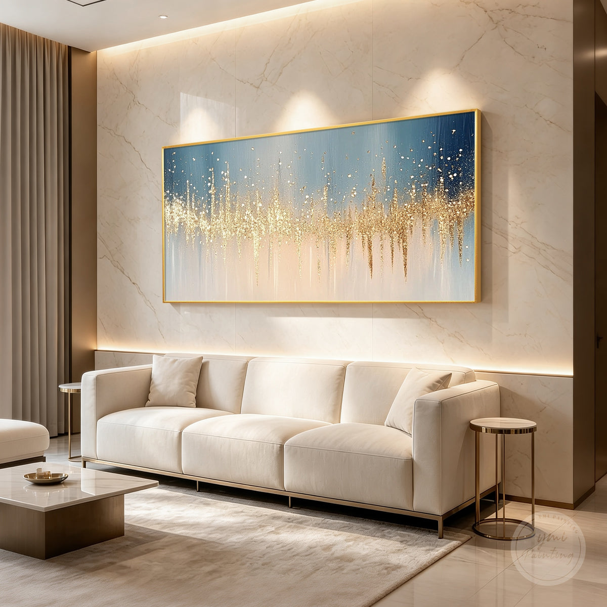 Textured navy blue canvas art with champagne gold splatter details