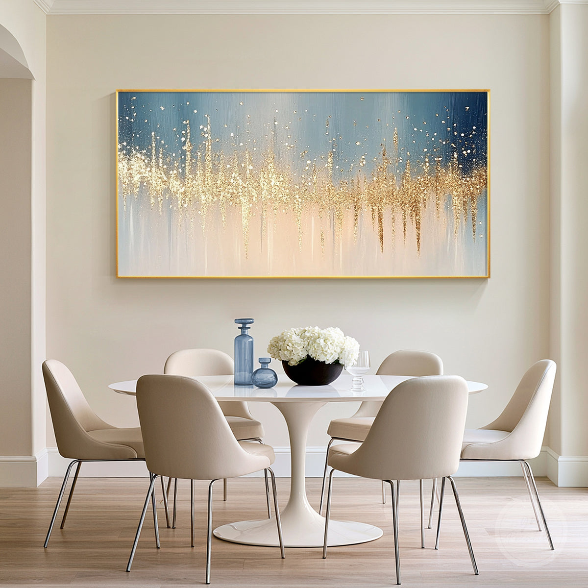 Textured navy blue canvas art with champagne gold splatter details