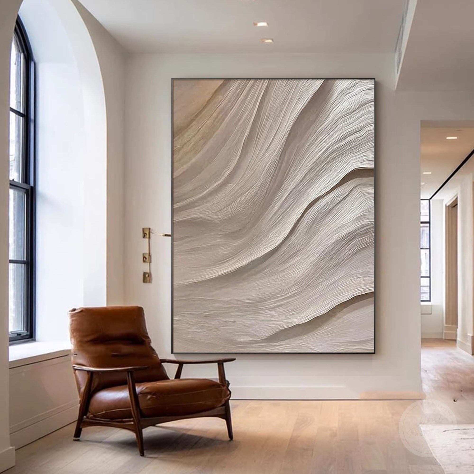 Neutral ivory abstract painting with flowing lines