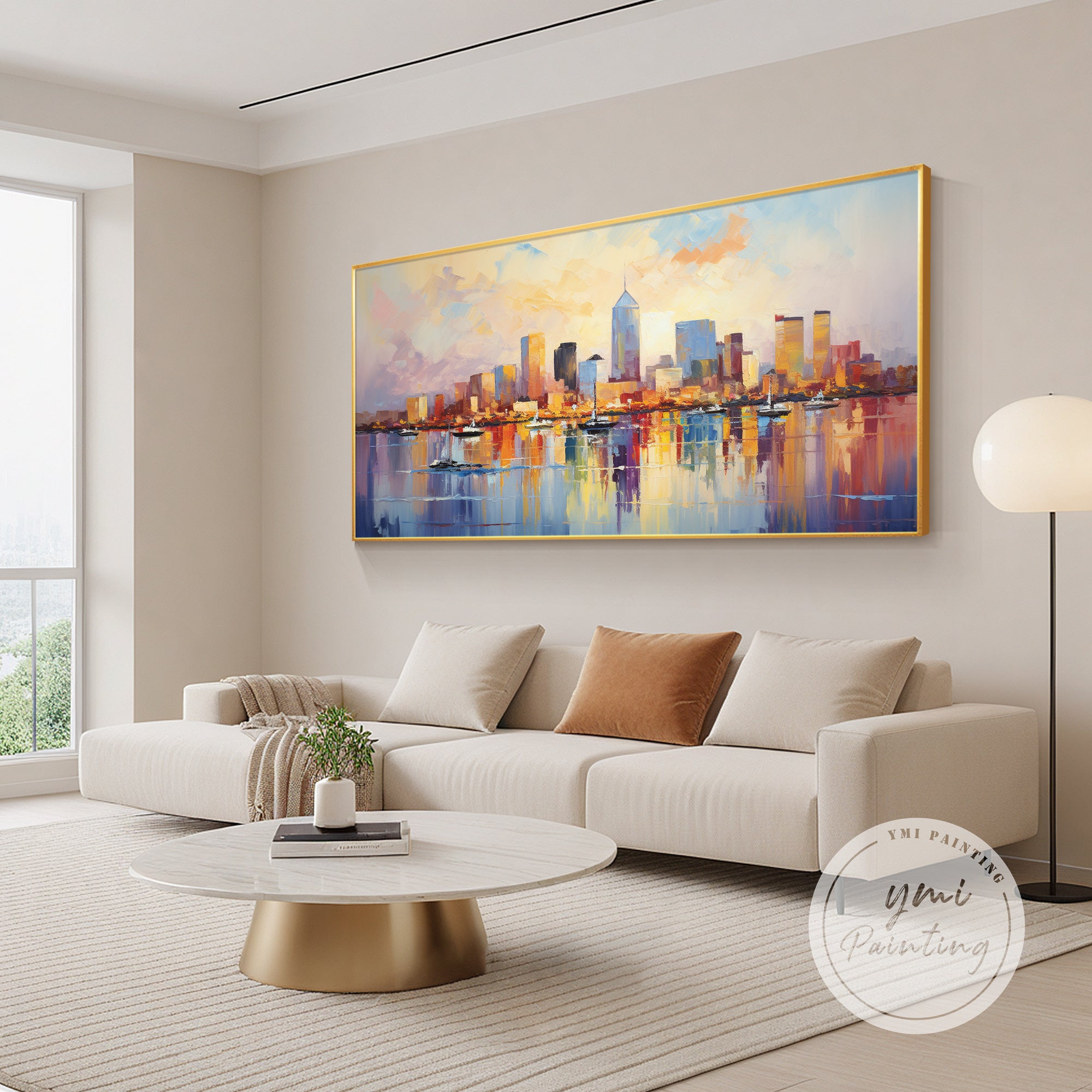 modern New Orleans skyline painting with sailboats reflection in contemporary living room