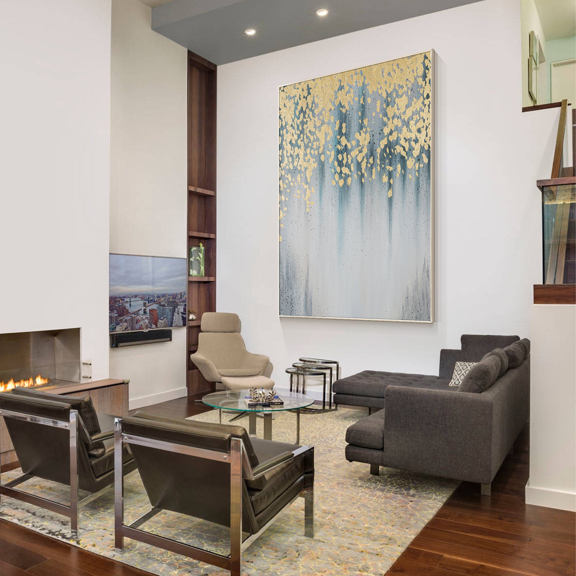 Modern Office Corner with Blue and gray abstract artwork with gold leaf accents and gentle water droplets.