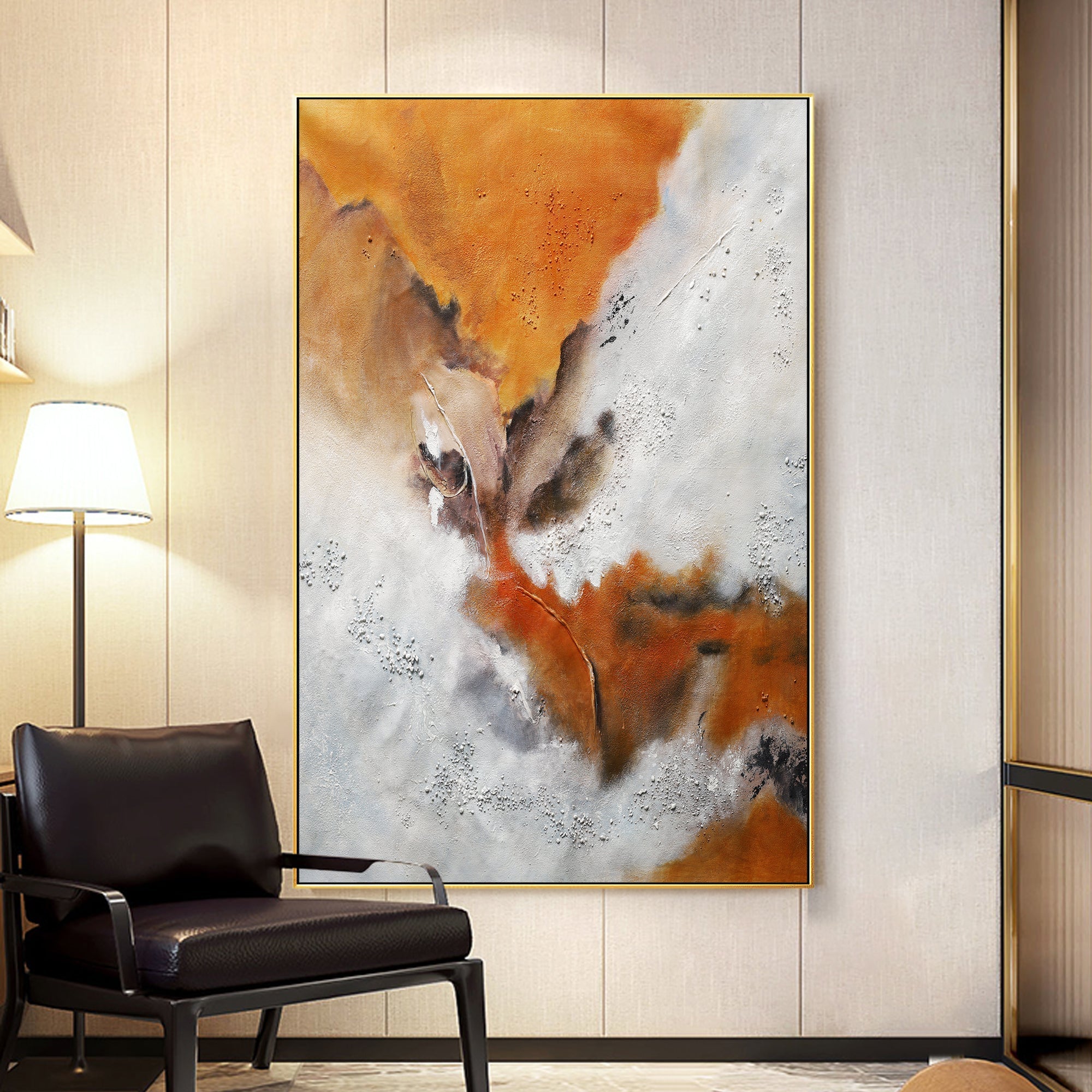Modern abstract canvas in orange white brown tones for entryway decor