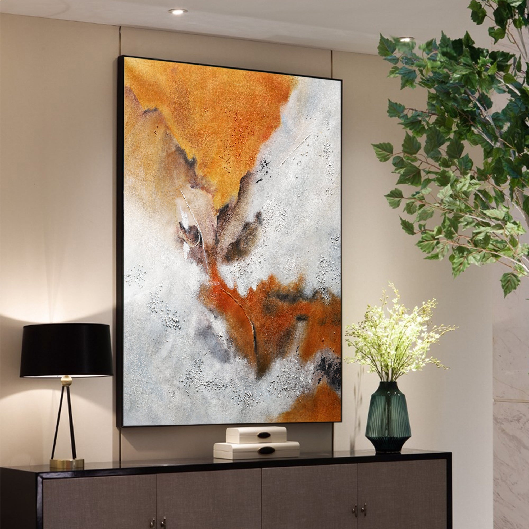 Modern abstract wall art in orange white and brown tones for living room decor