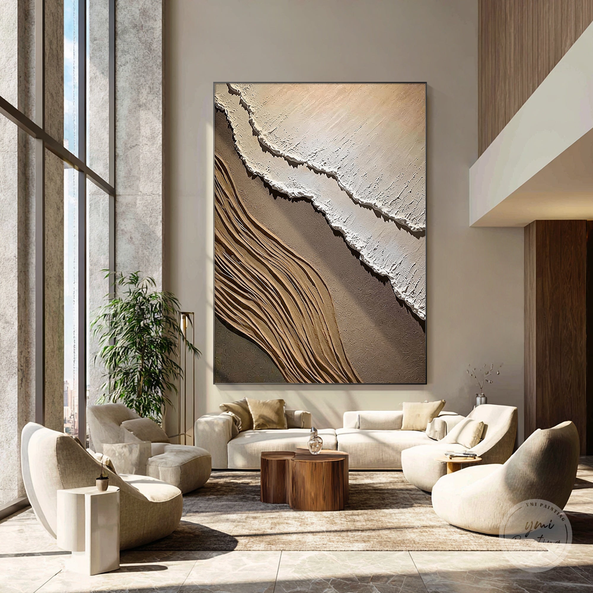 Modern living room with a large abstract painting on the wall.