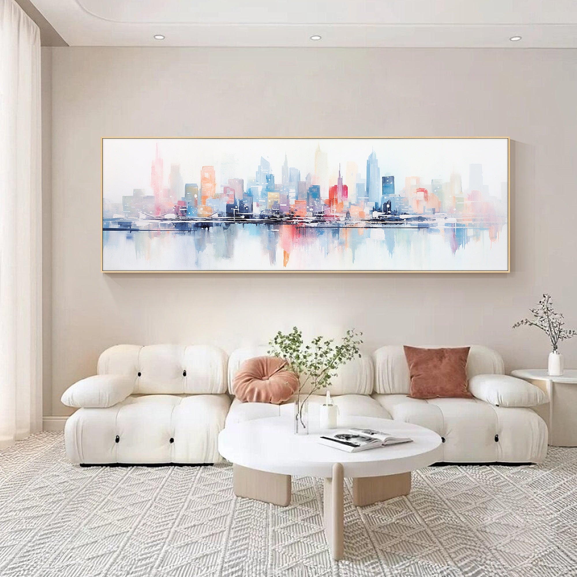 Contemporary skyline painting with water reflection