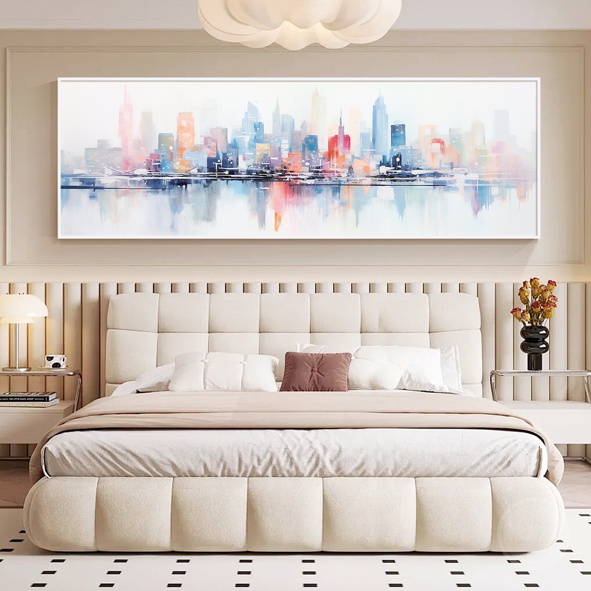 Long horizontal cityscape canvas painting