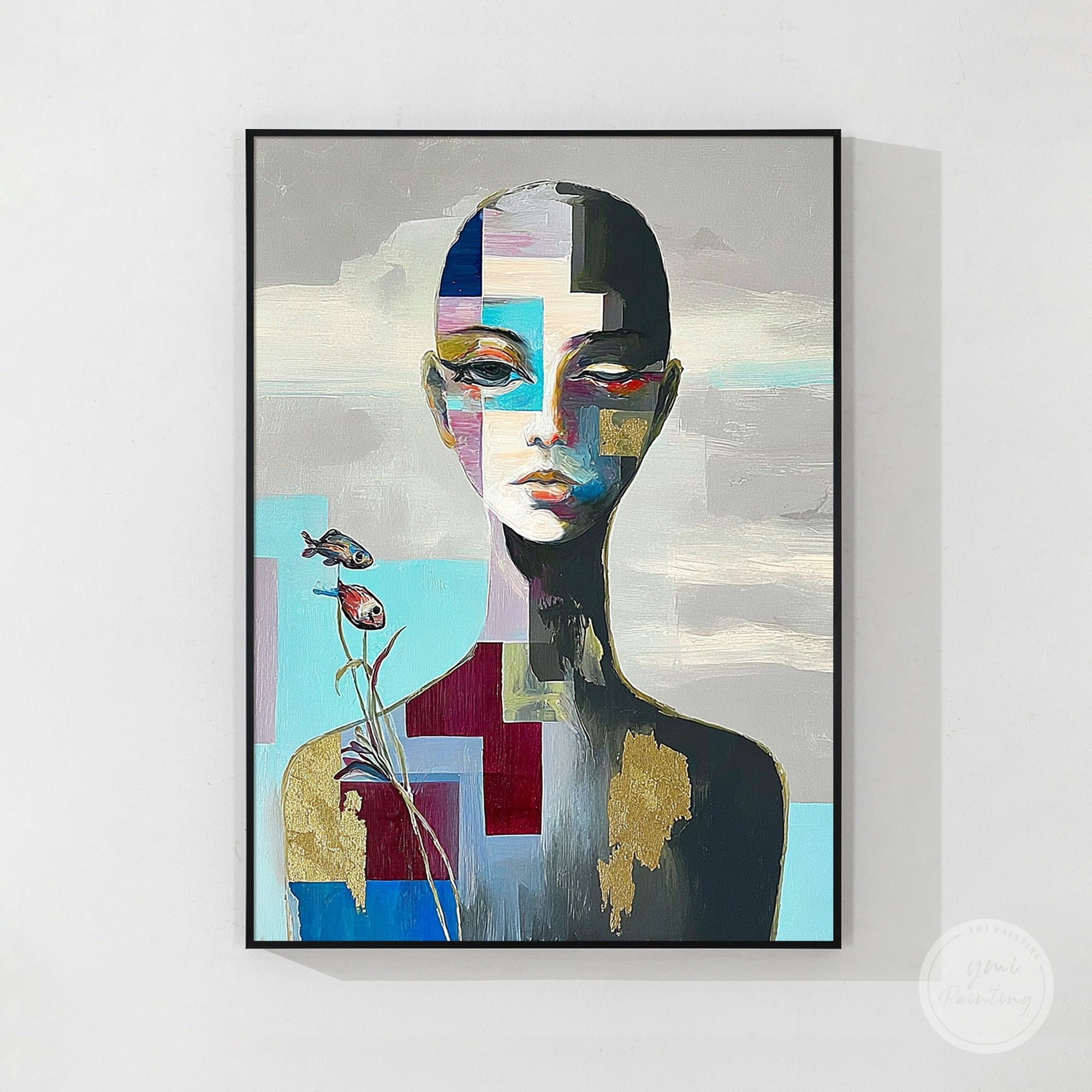 Geometric face canvas displayed in a study room adding creativity and modern style.