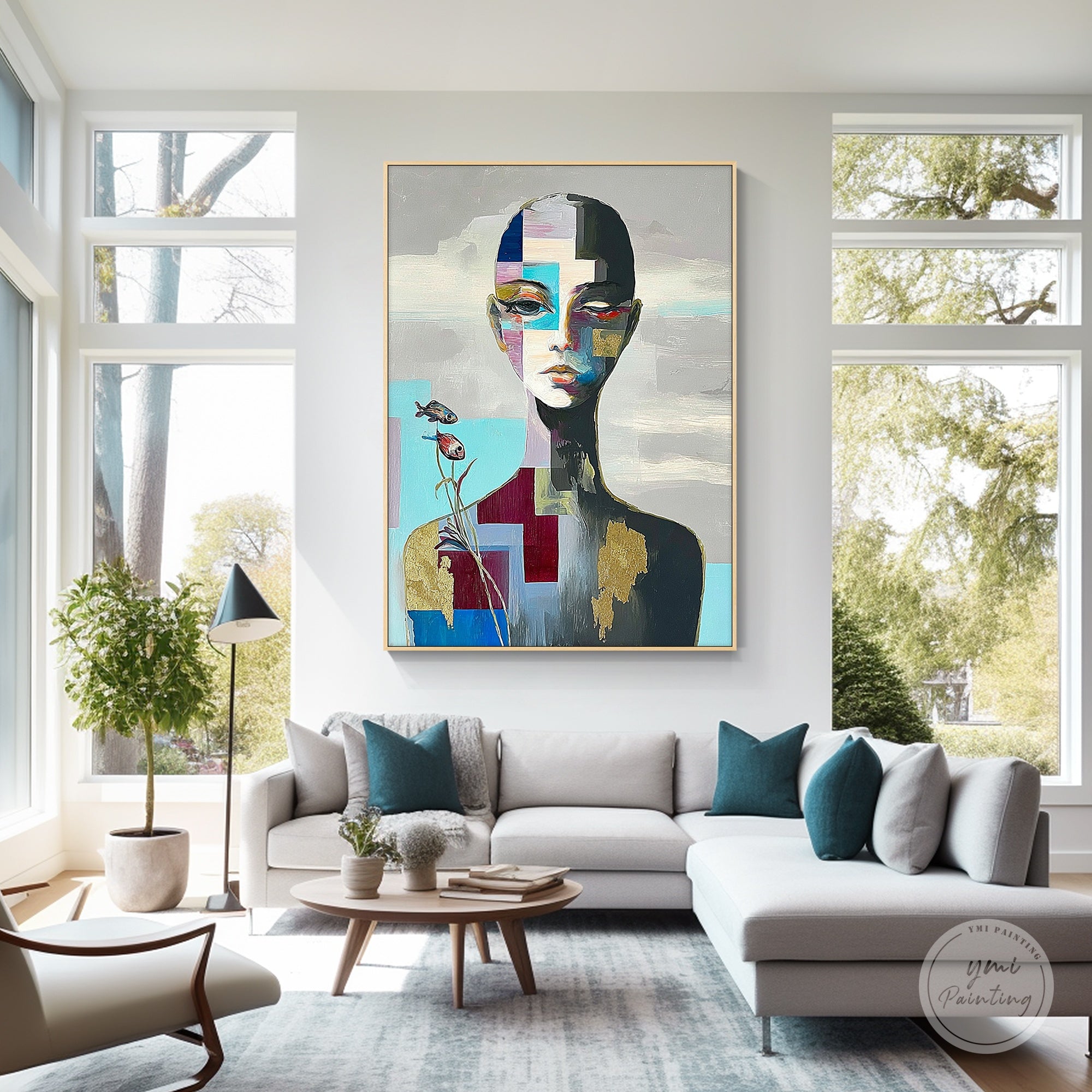 Abstract portrait wall art above a dining table adding color and artistic energy.