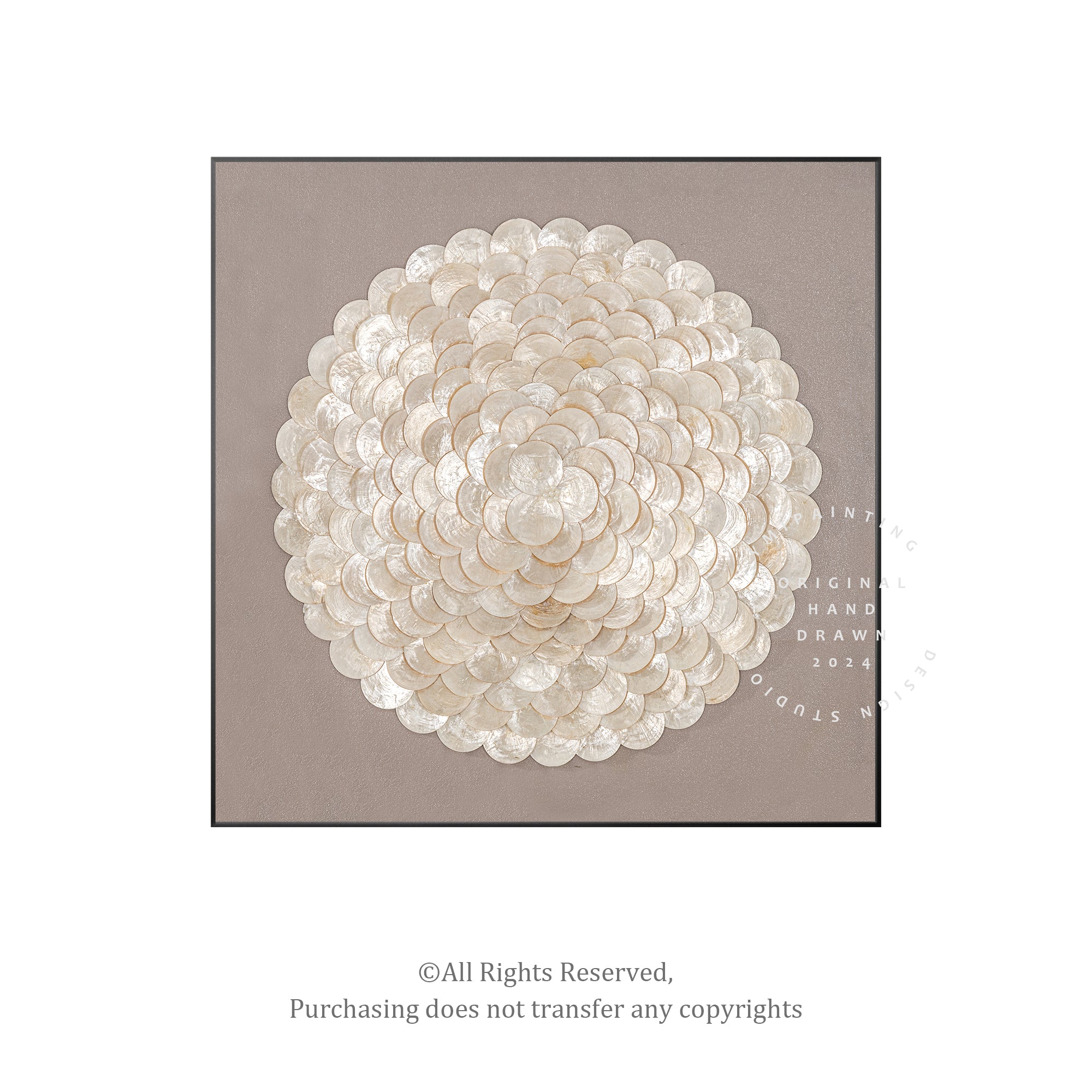 White seashells wall art showcasing intricate , adding depth and sophistication with soft natural highlights.