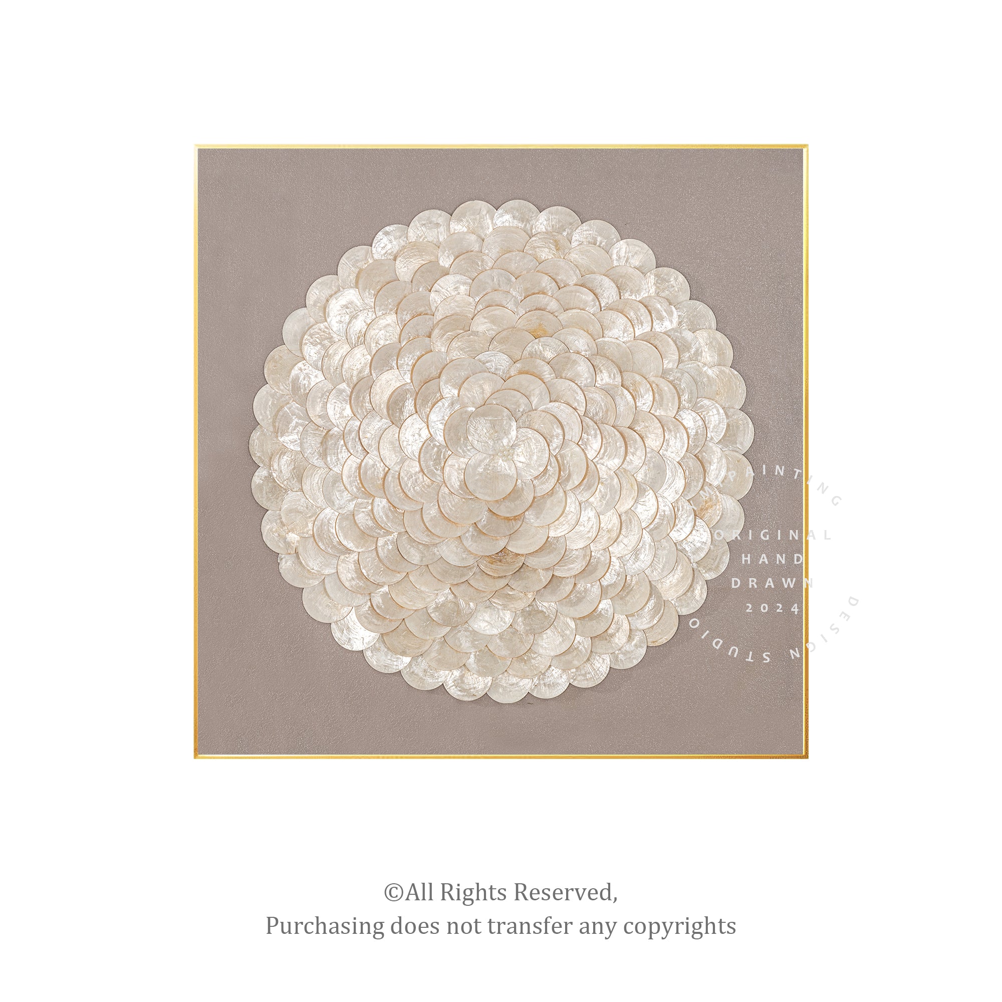 Elegant seashell artwork with a light grey, beige, and cream color palette, exuding tranquility and refined texture.