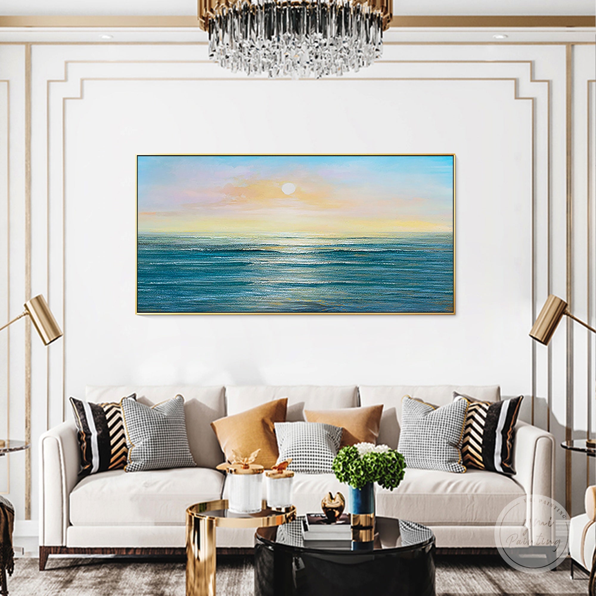 Original abstract ocean sunset wall art with heavy texture in stylish living room