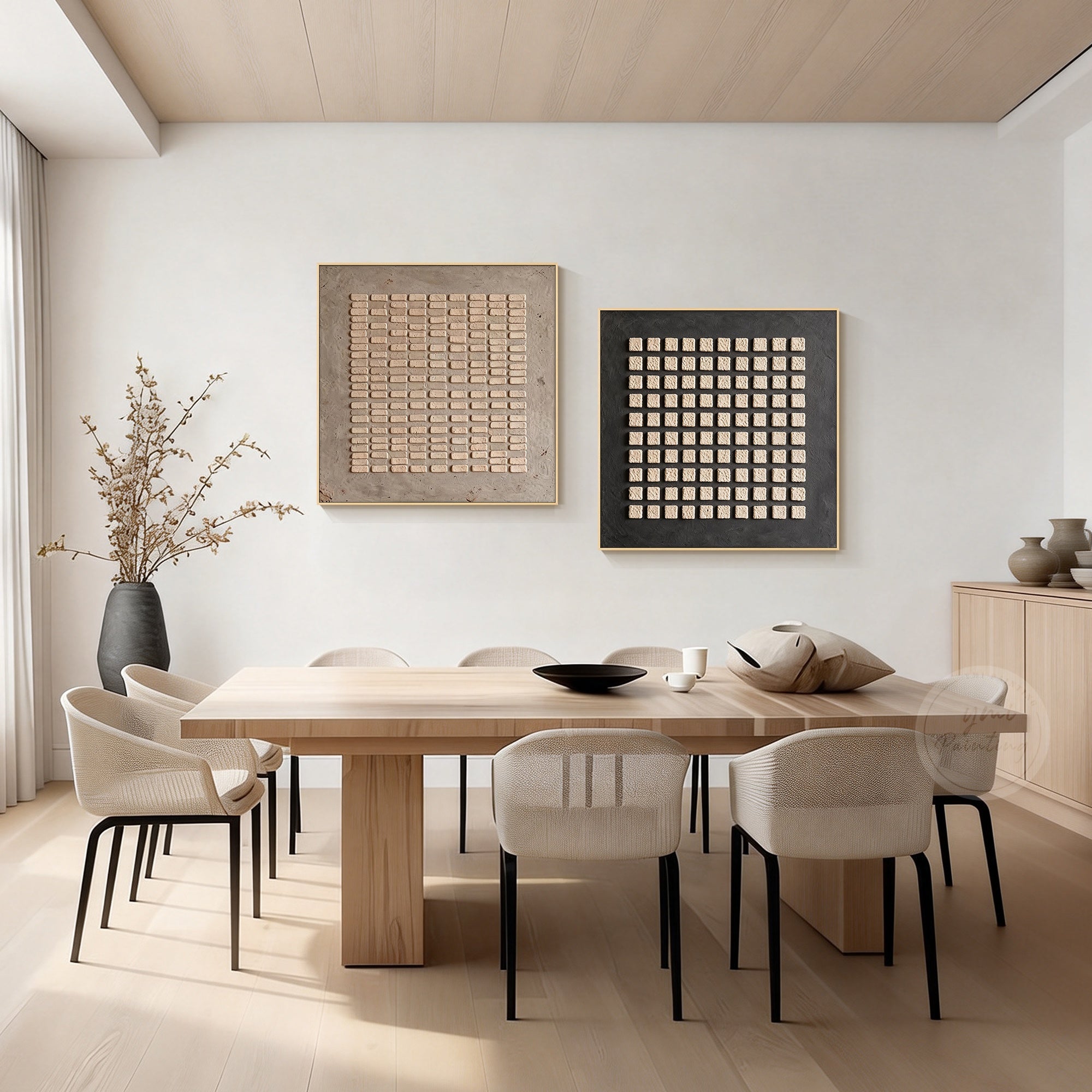 Neutral abstract geometric canvas art pair