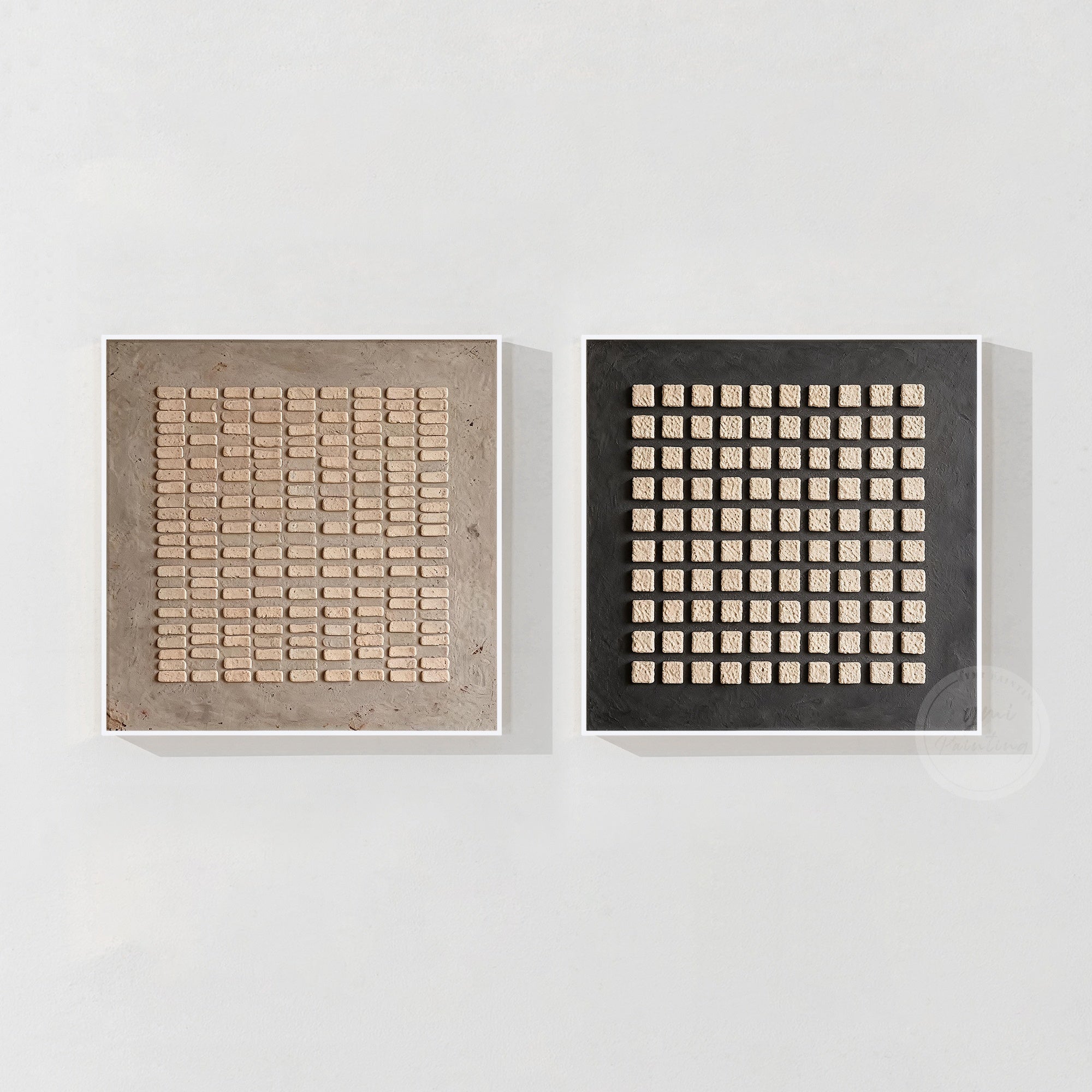 Contemporary relief canvas artwork in beige and black tones