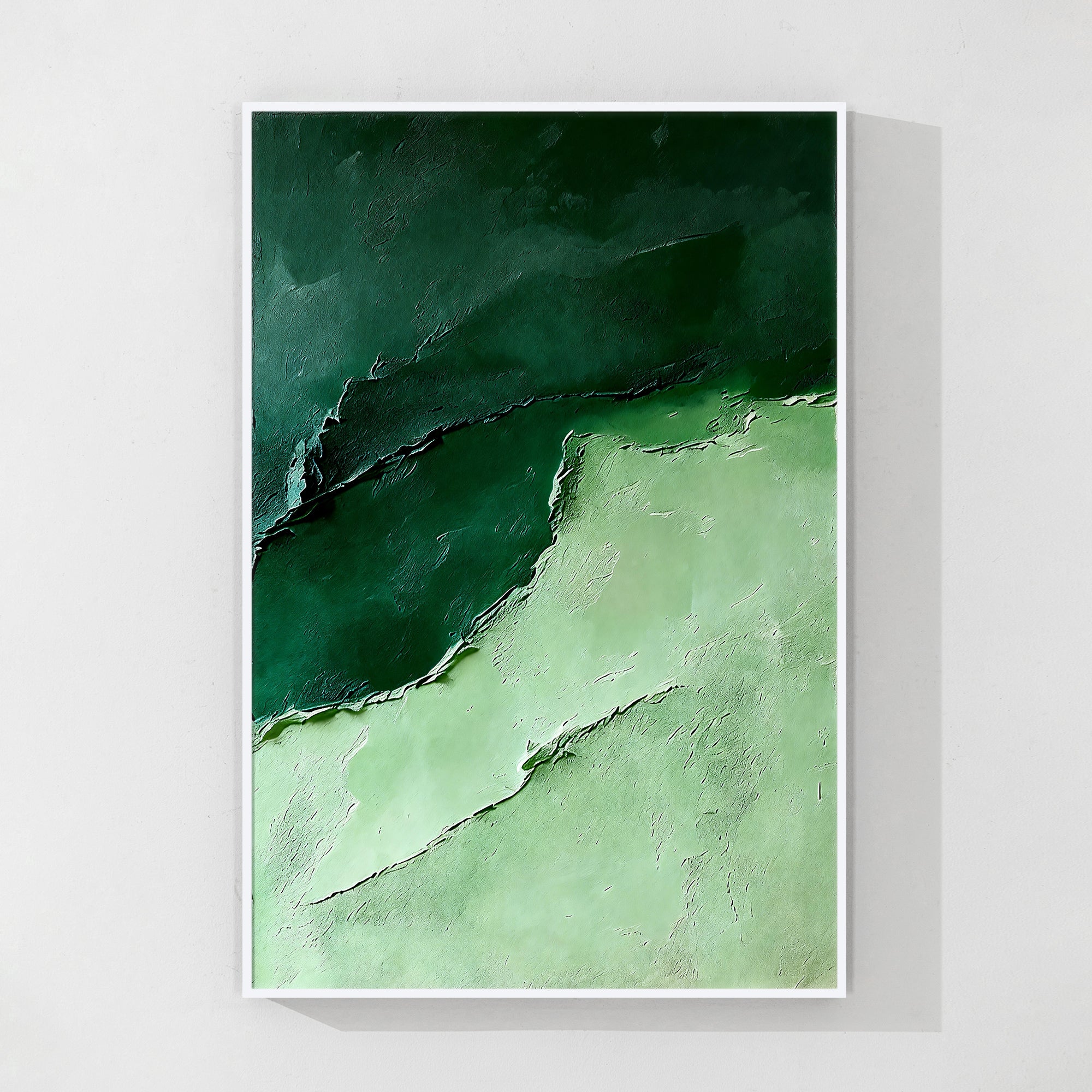 Abstract emerald green textured wall art above sofa in modern living room.