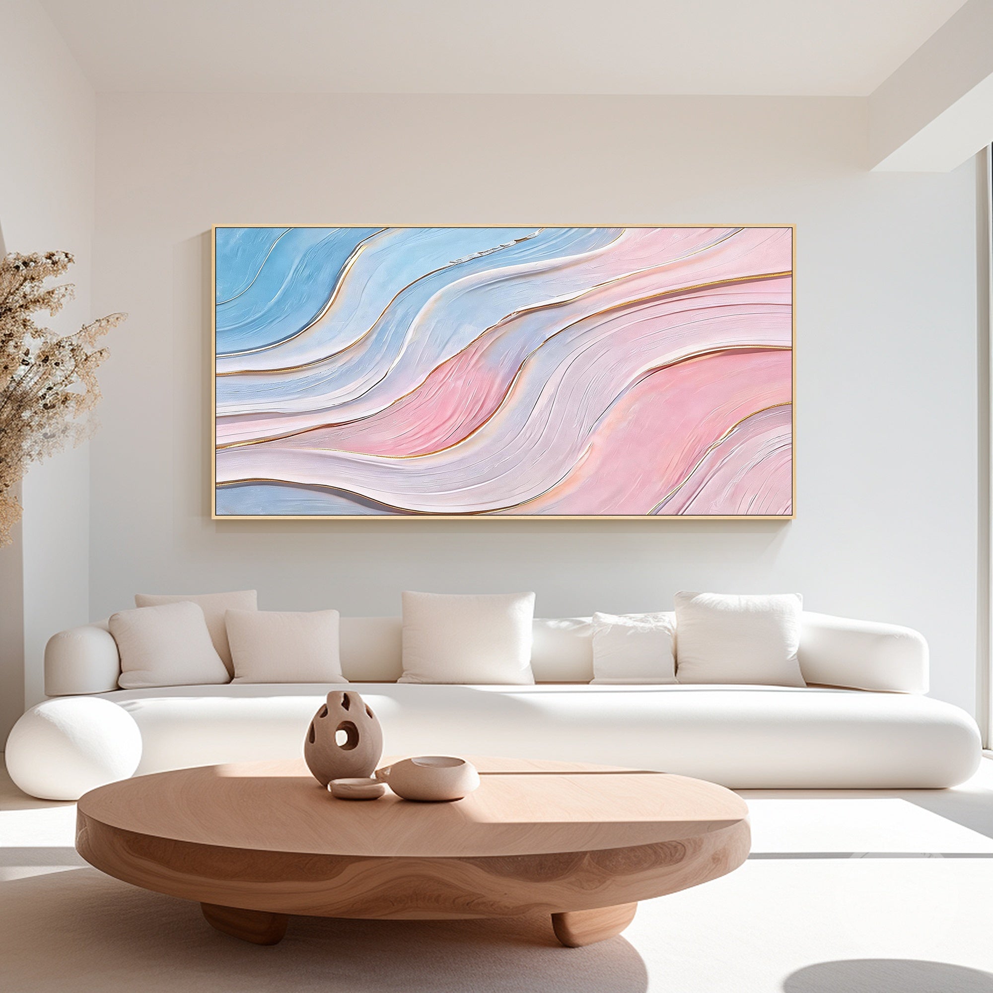 Horizontal pastel abstract painting with flowing wave-like lines and gold details
