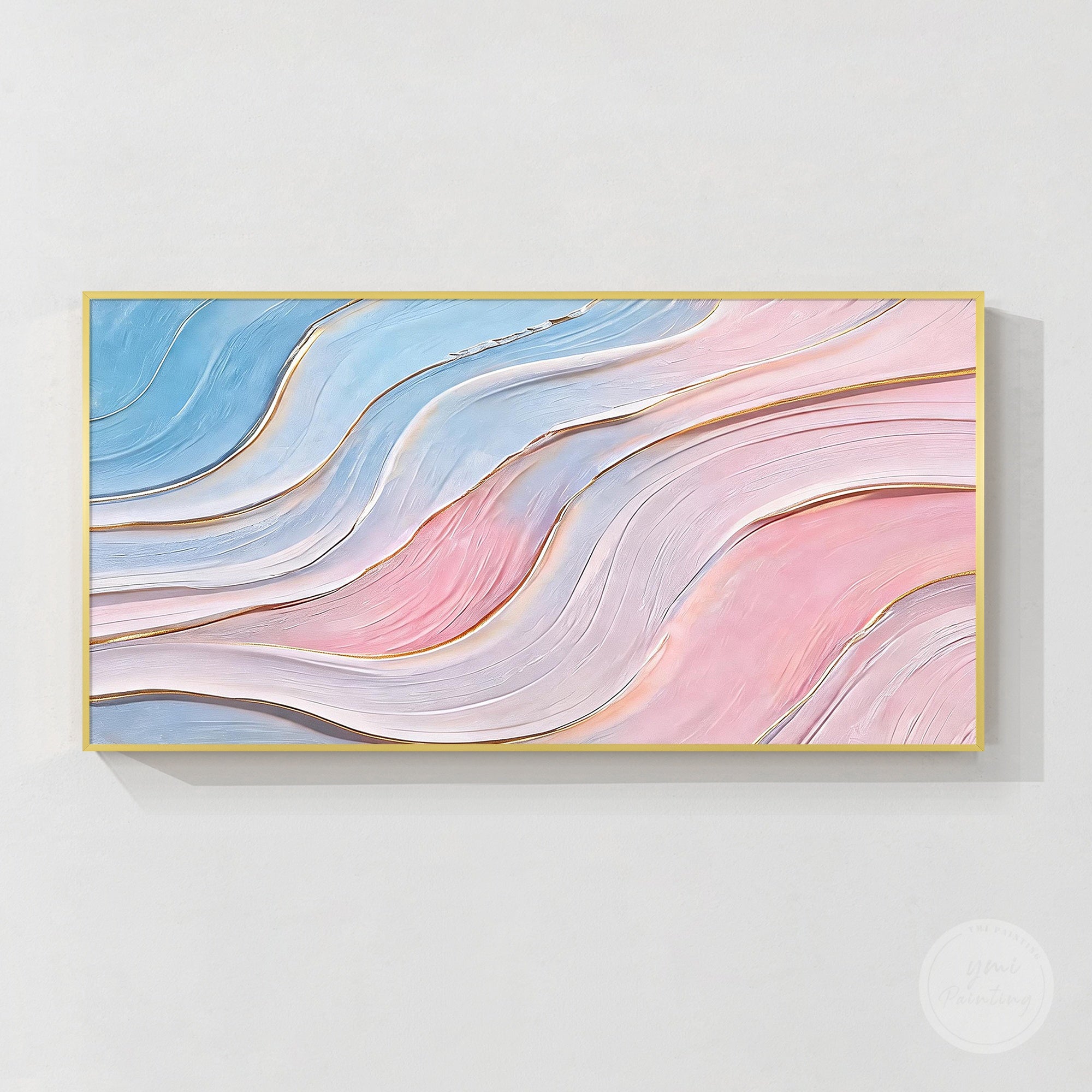 Pastel pink blue abstract wall art with flowing lines and gold accents on a modern white wall
