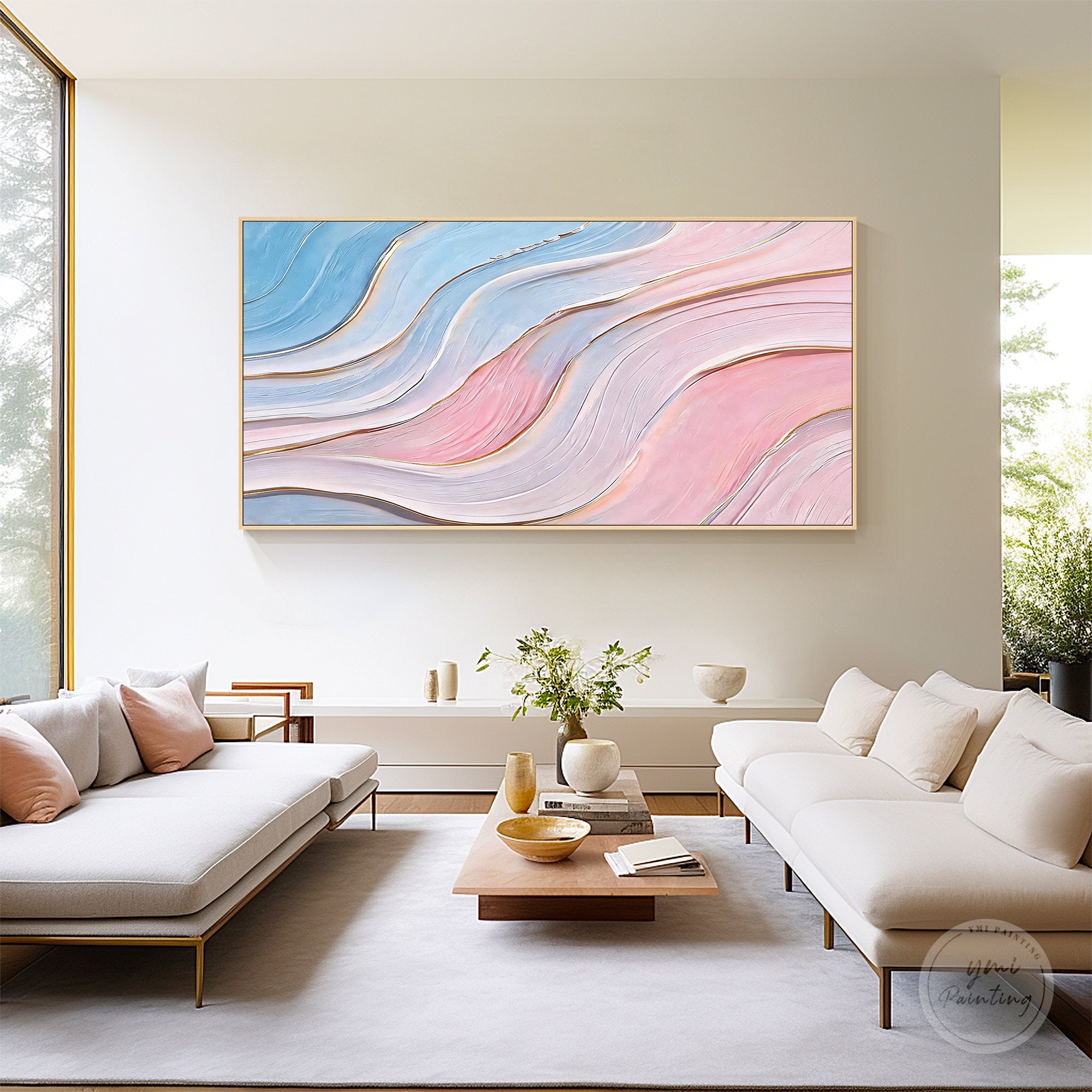 Contemporary textured abstract wall art in soft pink blue lavender and metallic gold