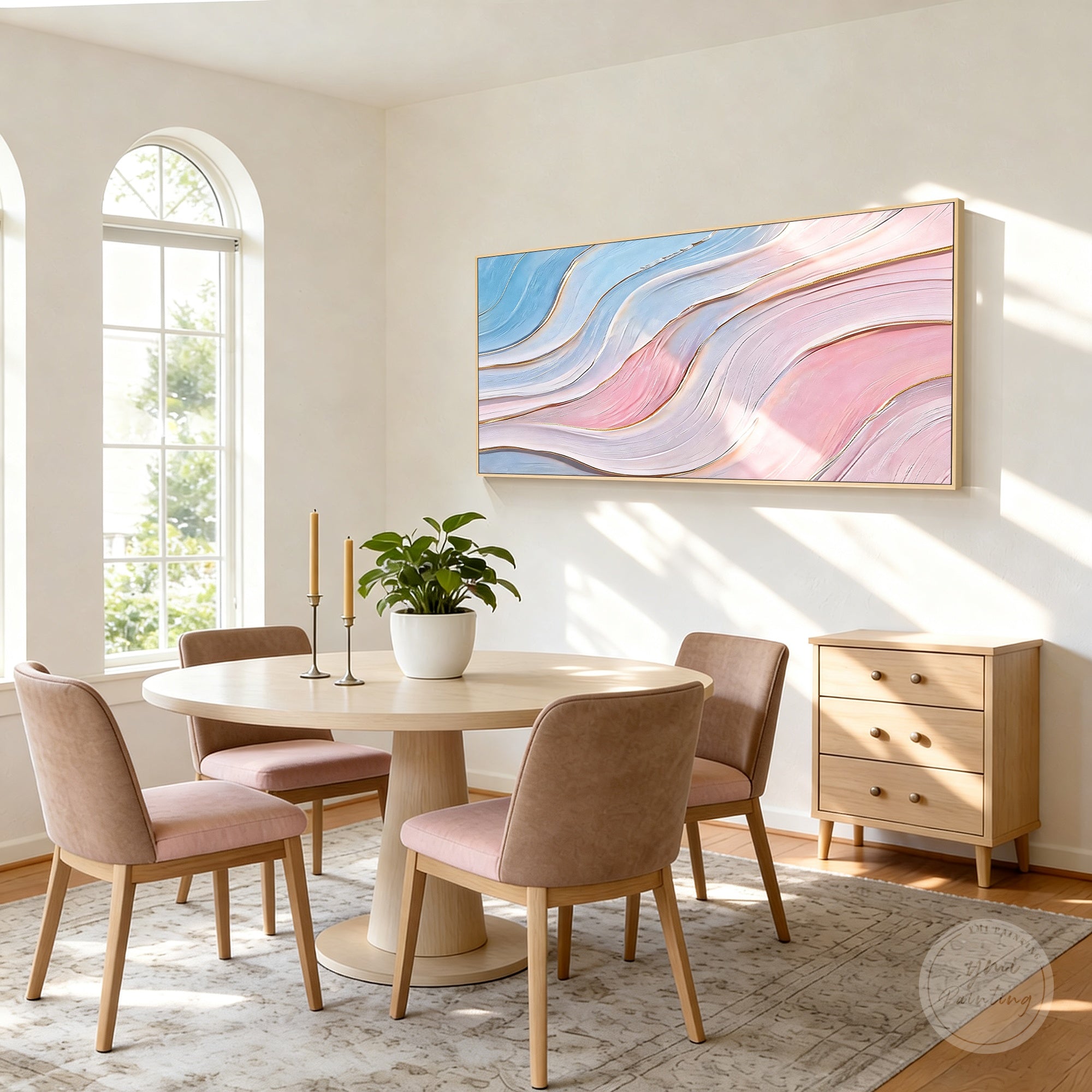 Modern pink blue and gold abstract artwork for contemporary living room wall decor