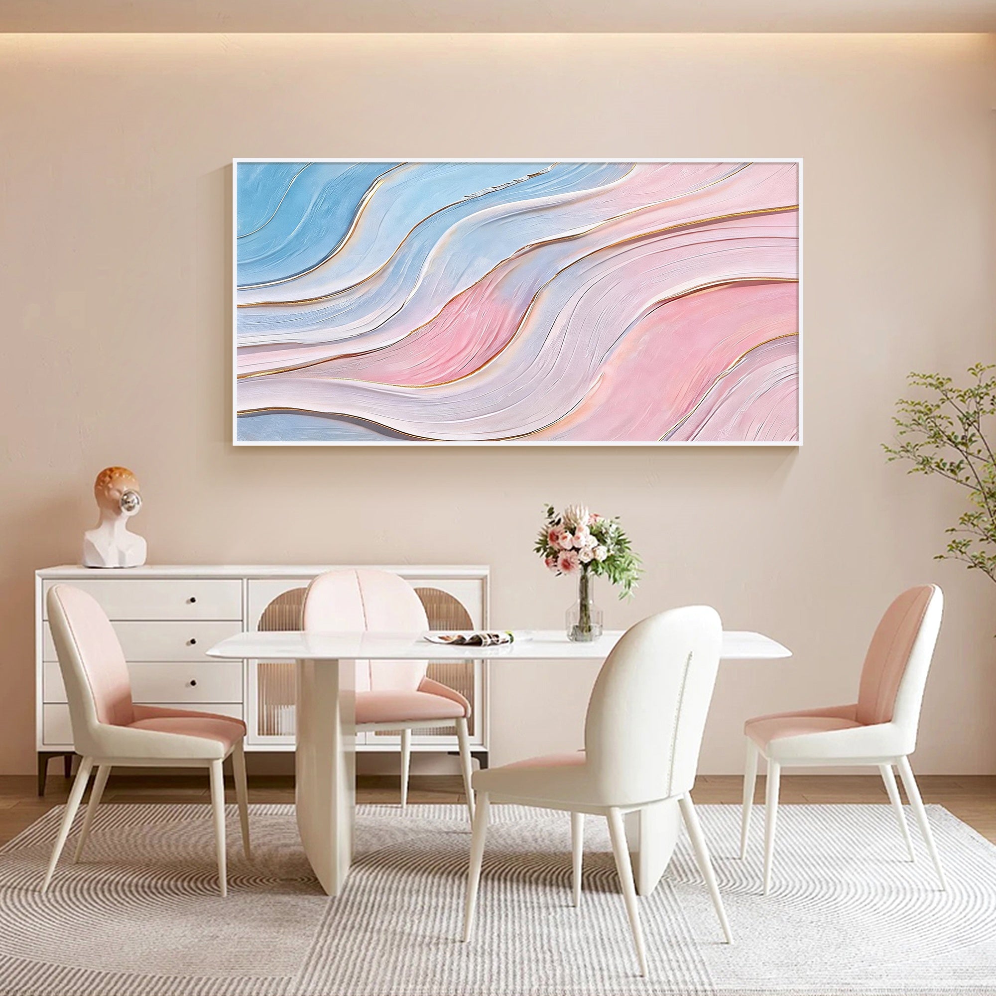 Pastel abstract canvas painting with layered flowing lines in pink blue lavender and white
