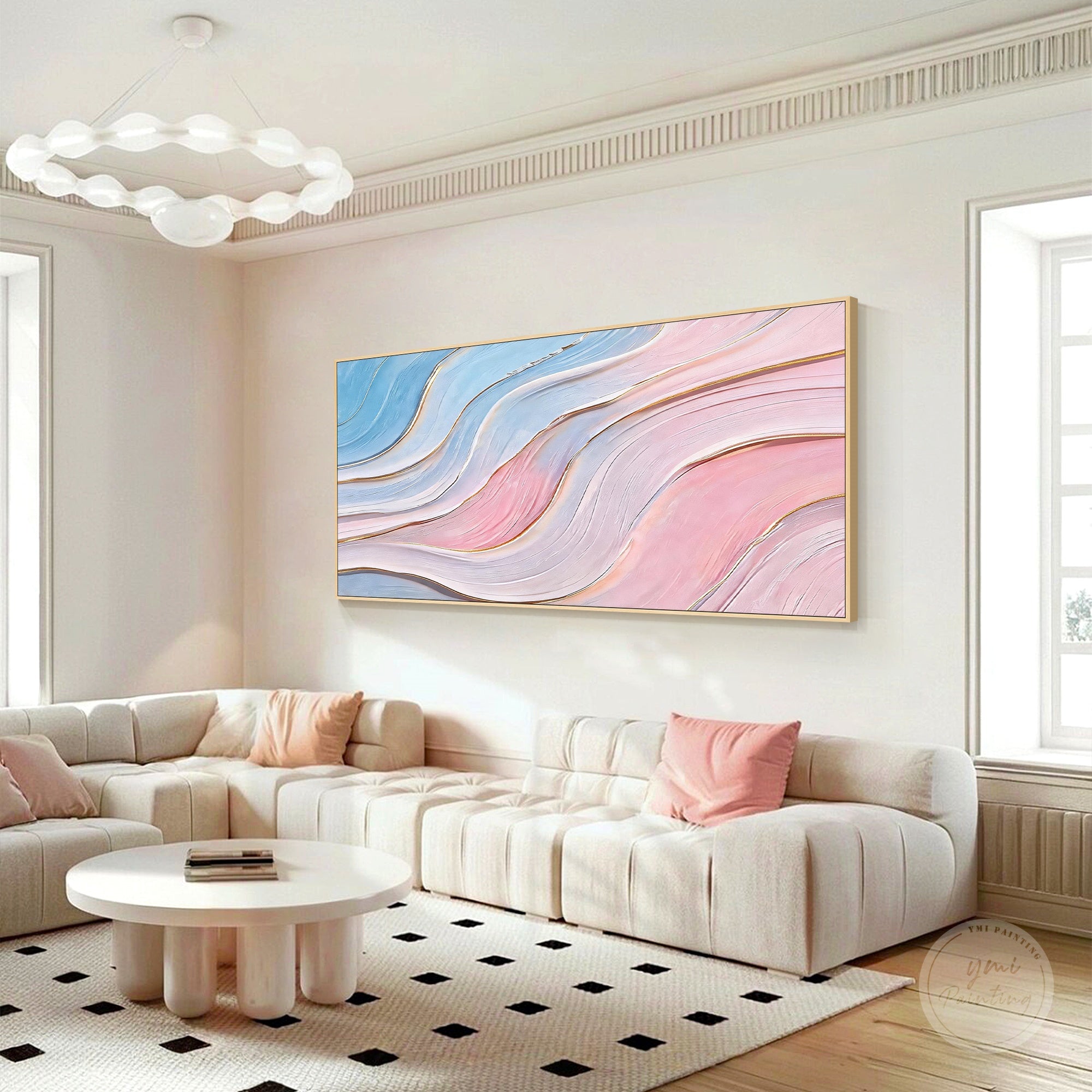 Textured pastel abstract wall art with organic flowing lines and metallic gold accents