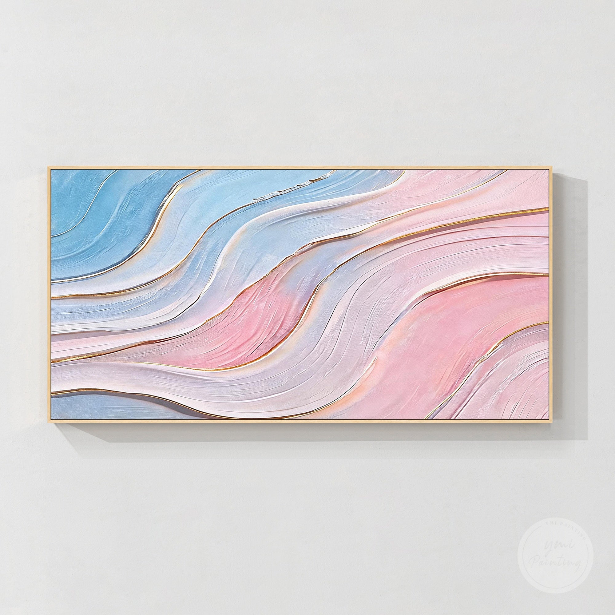 Modern pastel abstract canvas art featuring flowing pink blue and white layers with gold lines