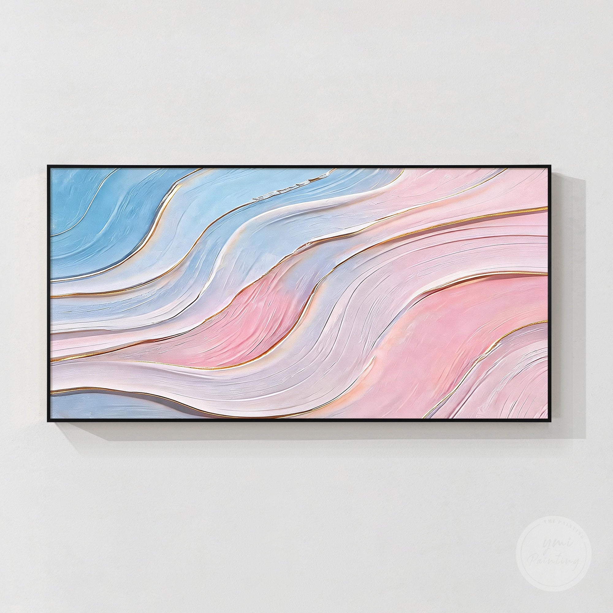 Pink and blue textured abstract painting with lavender white and metallic gold details