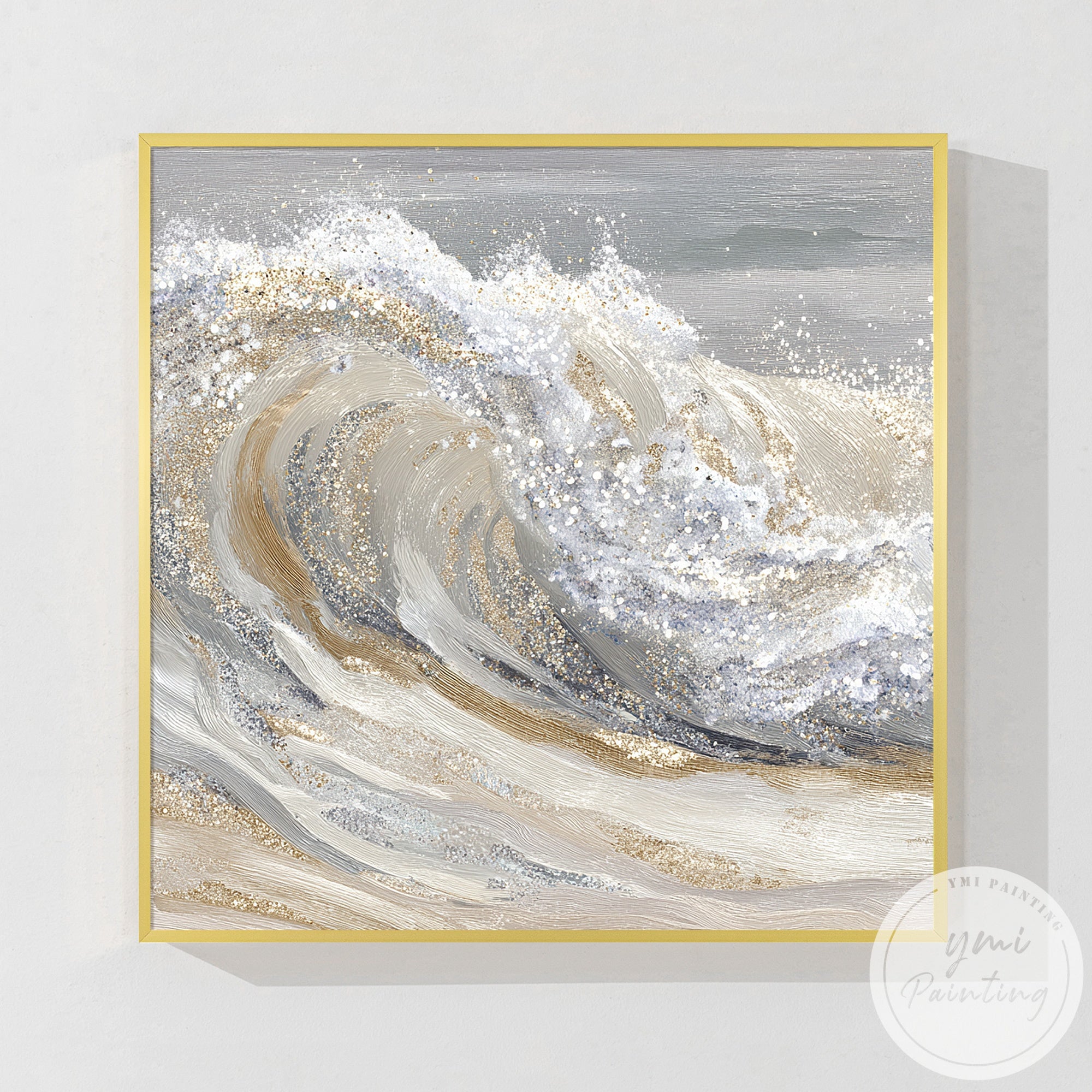 Luxury abstract ocean wave canvas art displayed above modern neutral living room sofa