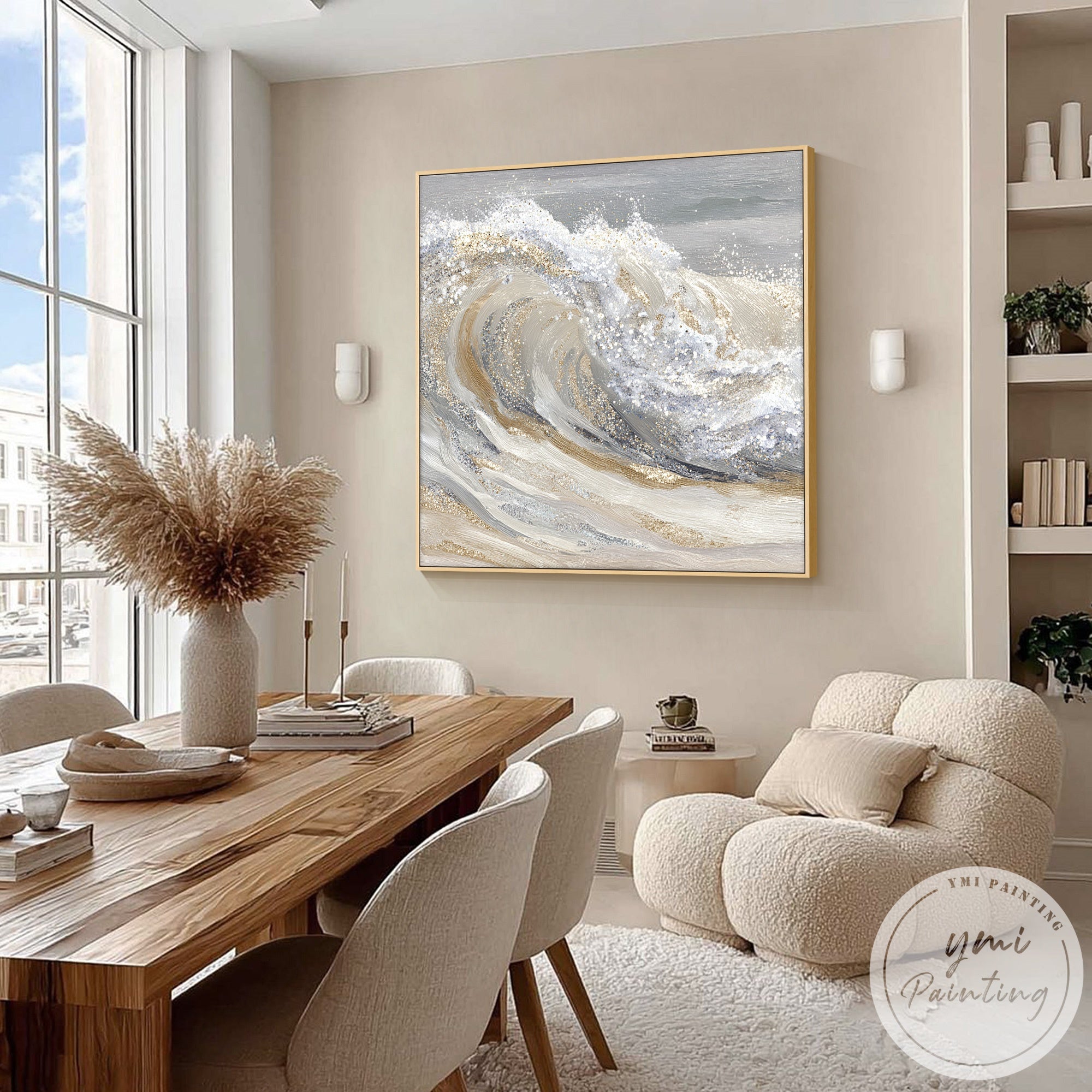 Elegant metallic ocean wave wall art in modern Japandi style living room space