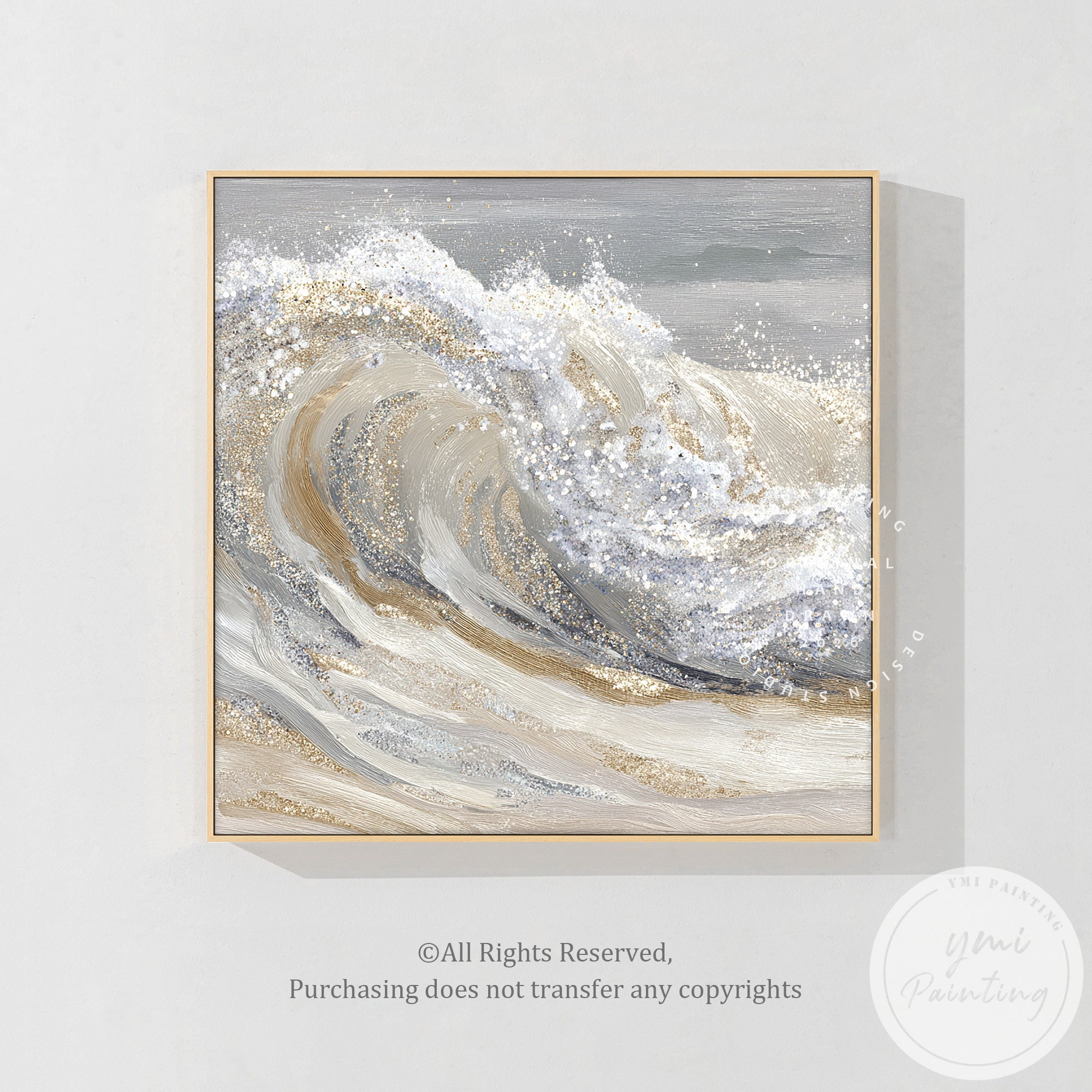 Abstract gold ocean artwork displayed above wooden dining table in modern dining room