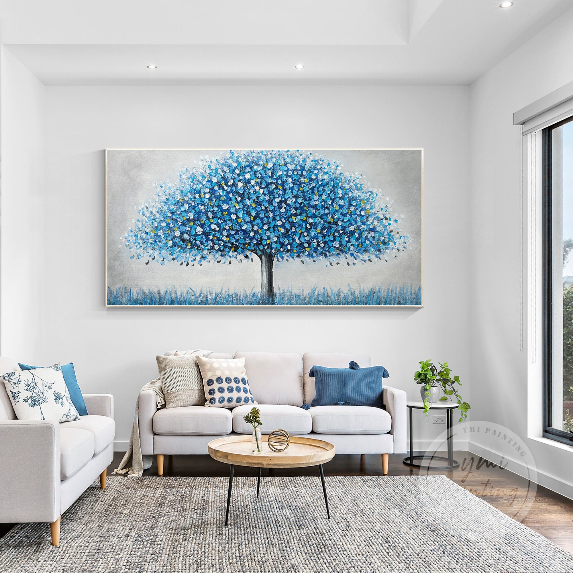 "Joyful blue tree painting with textured leaves and harmonious colors"
