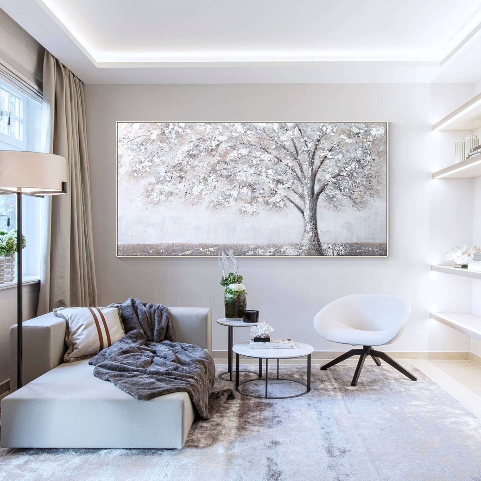 Neutral toned tree wall art with calm and balanced composition