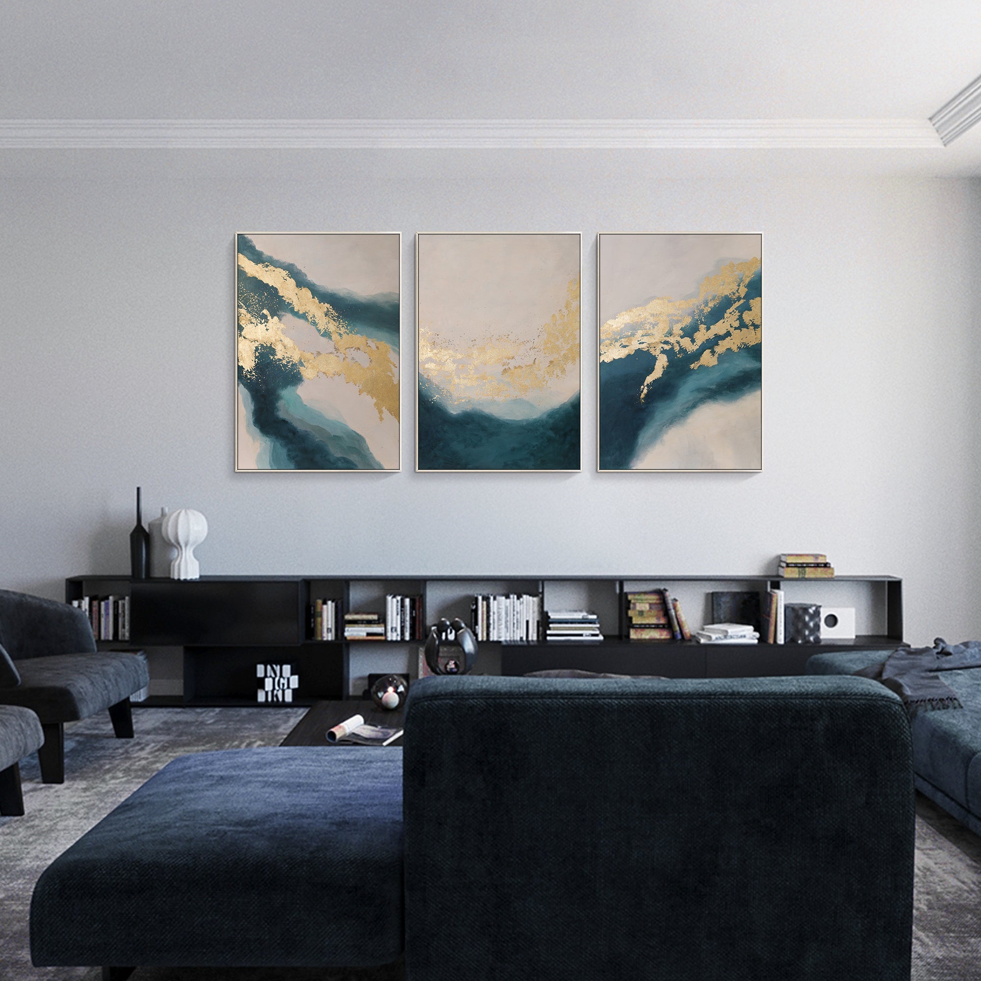 Abstract turquoise and gold wall art with flowing line details for living room decor