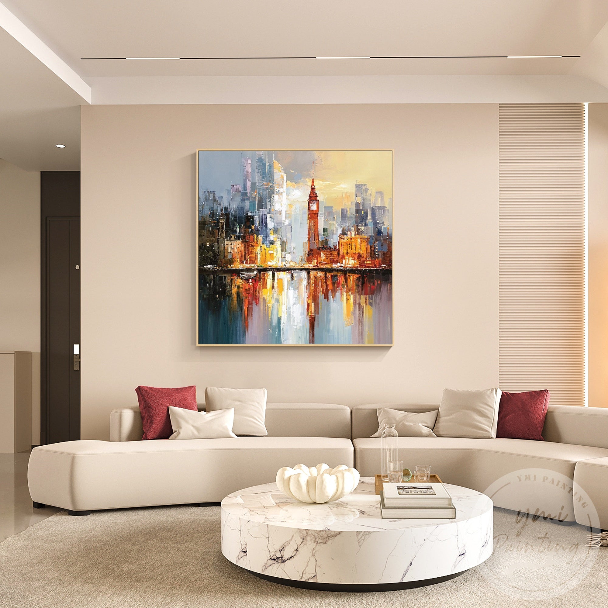 City architecture wall art with textured impressionist brushwork