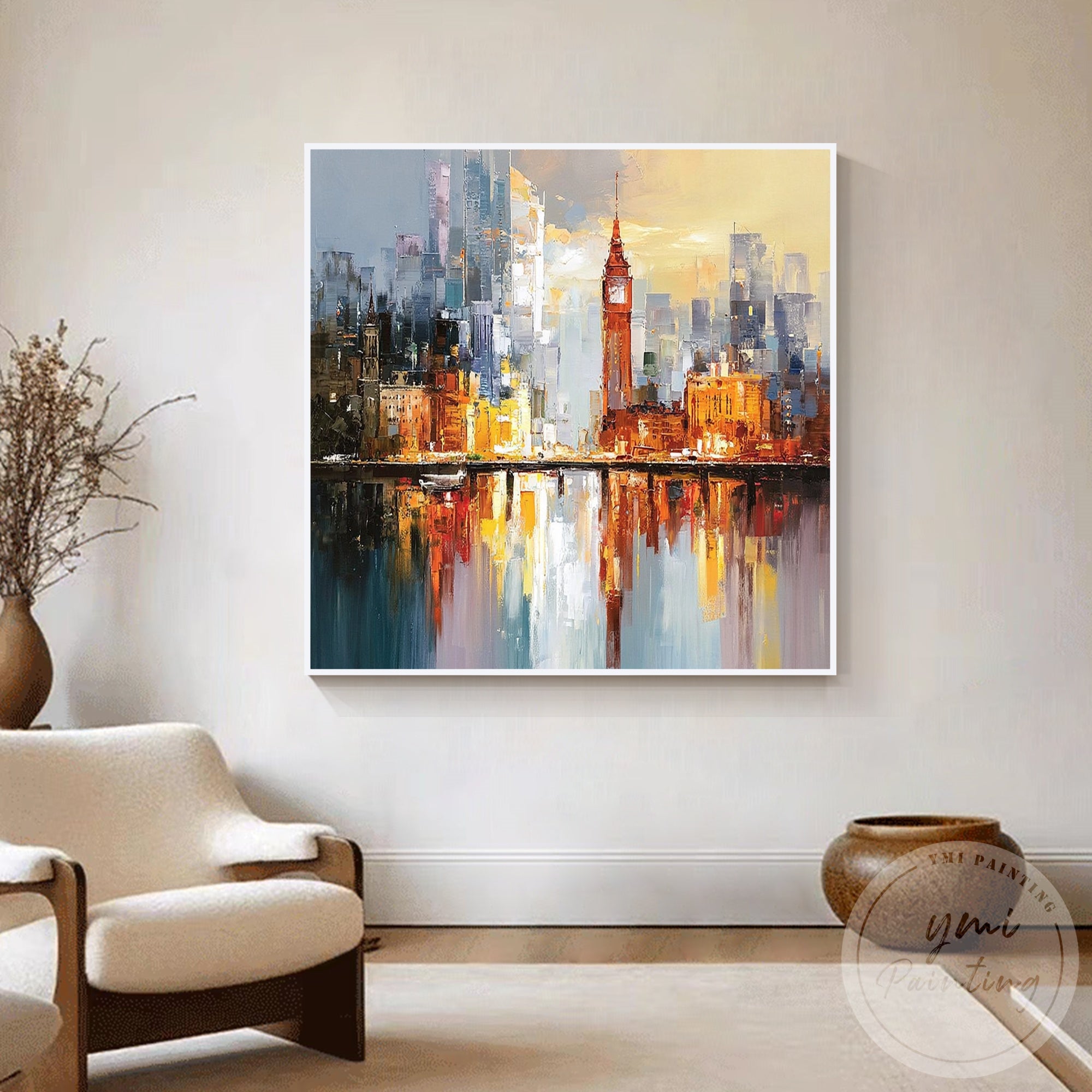 Urban skyline canvas print with warm orange and blue tones