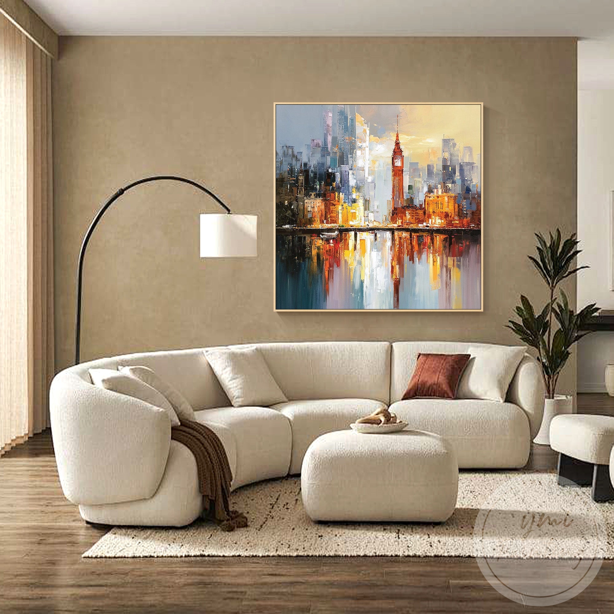 Contemporary London city artwork with reflective water surface