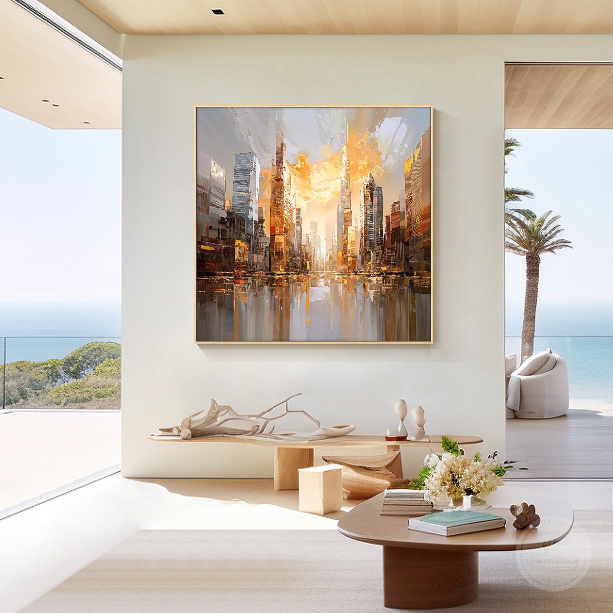 Modern urban skyline canvas with city reflections