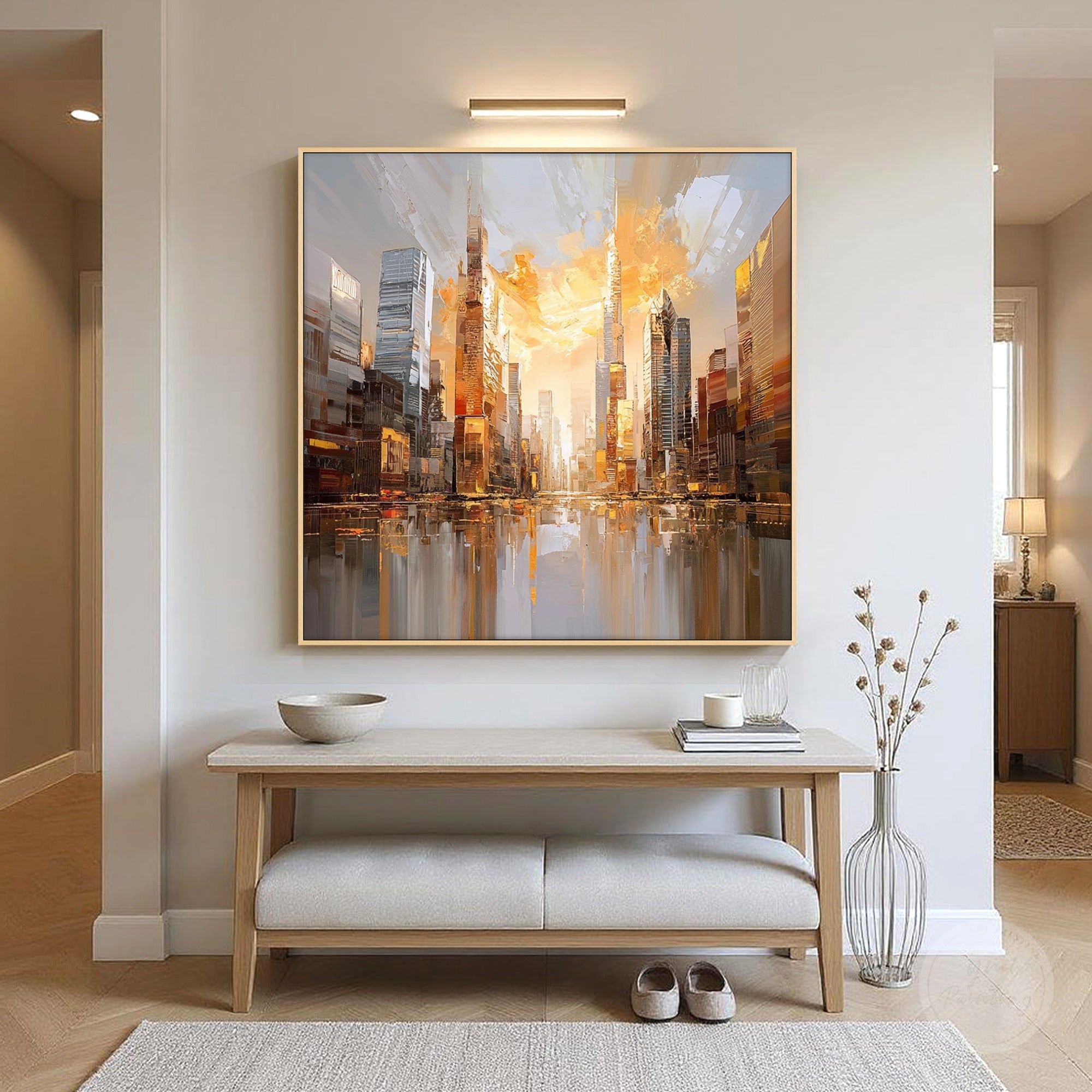 Abstract cityscape painting with warm golden tones