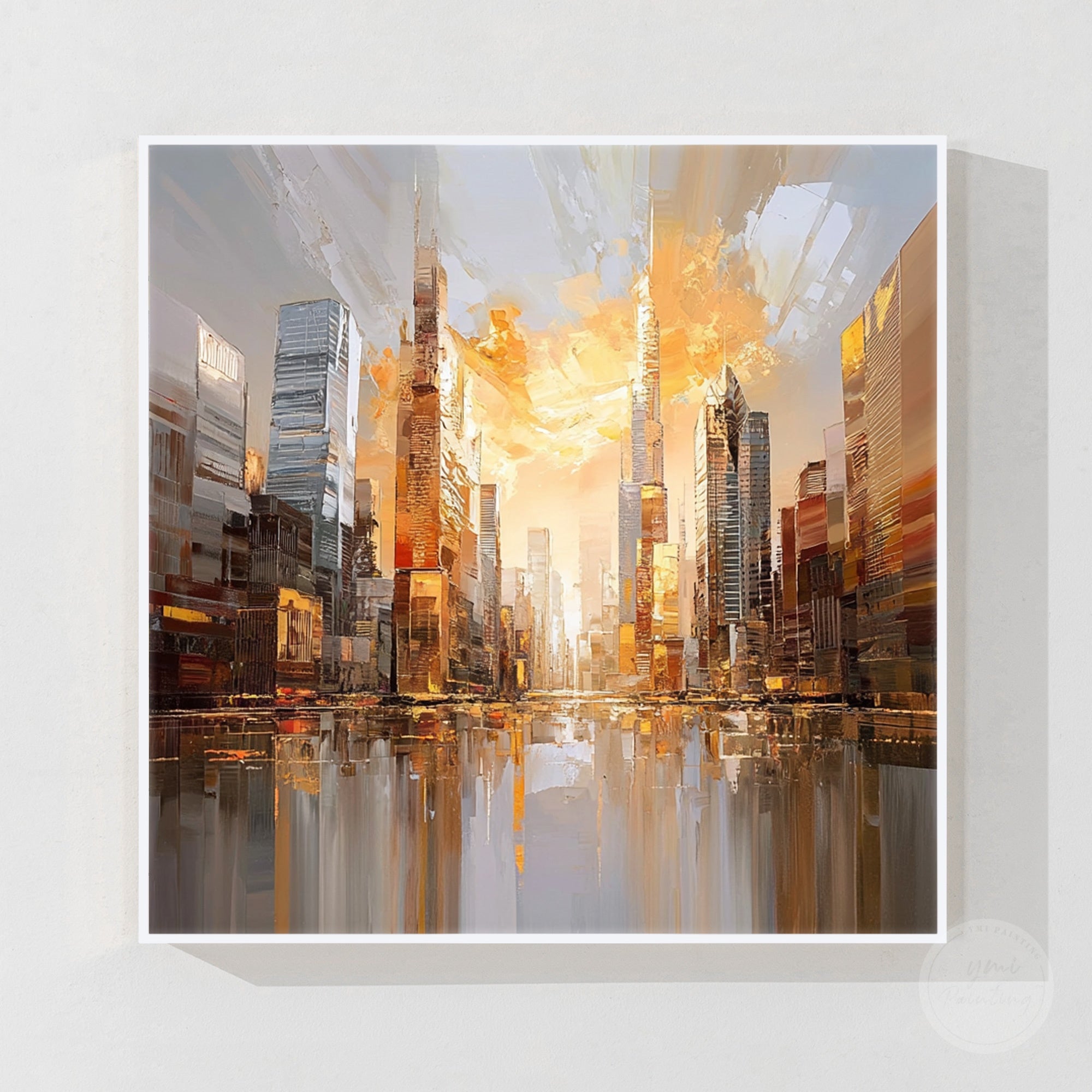 City reflection painting with architectural details