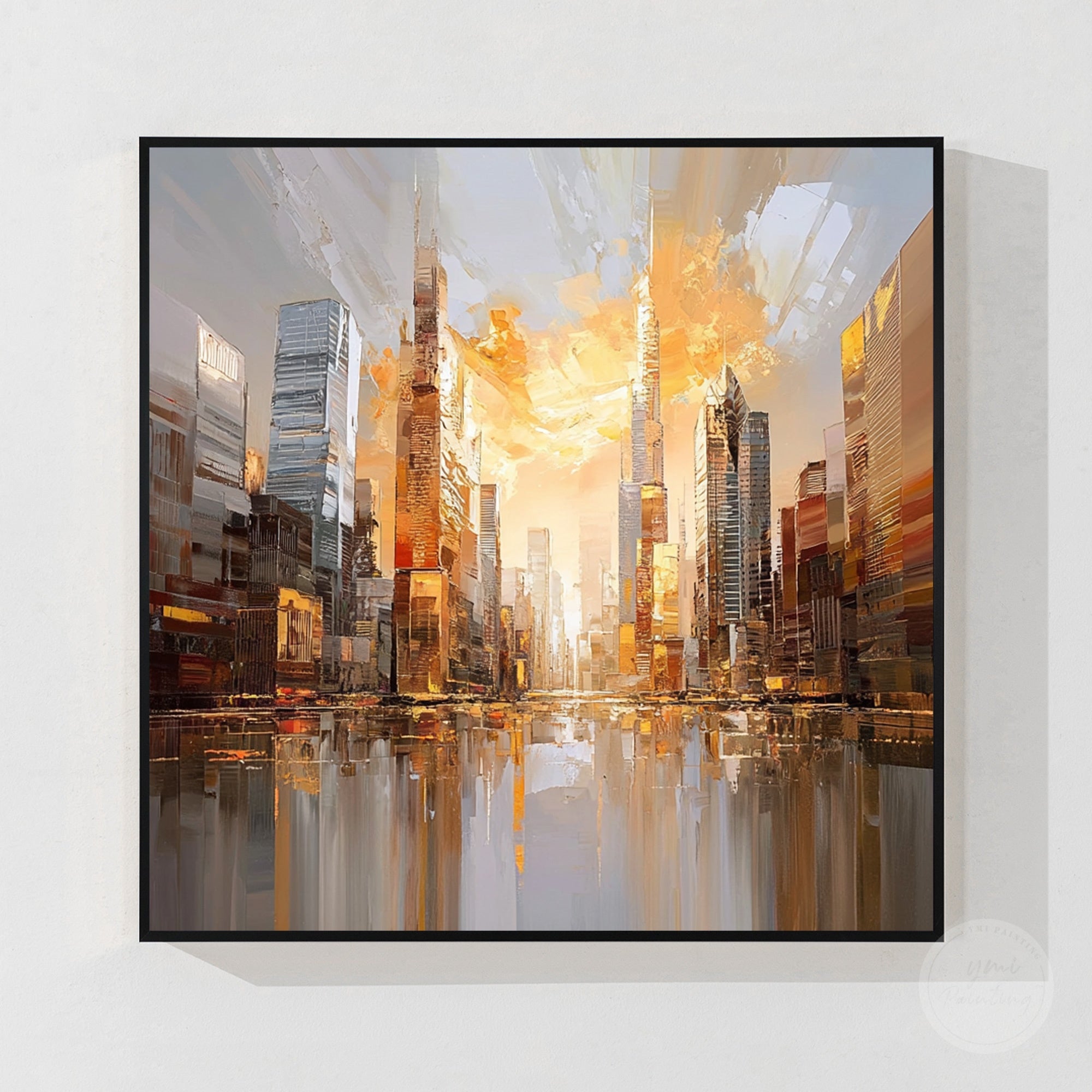 Golden sunset cityscape skyline wall art painting