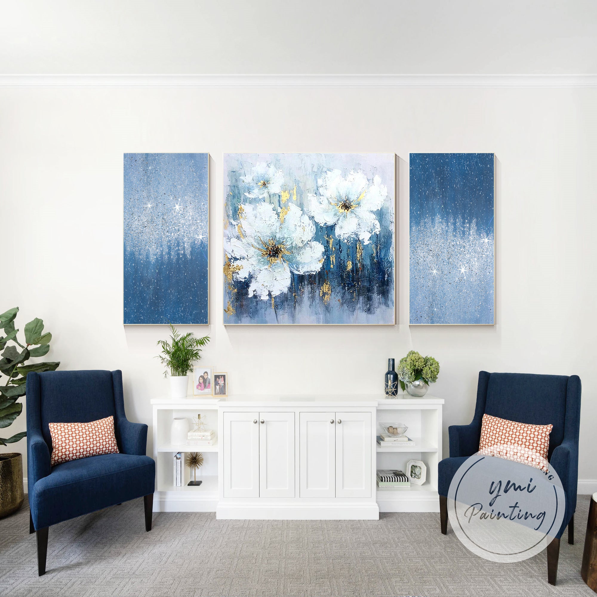 White flower abstract three panel canvas set