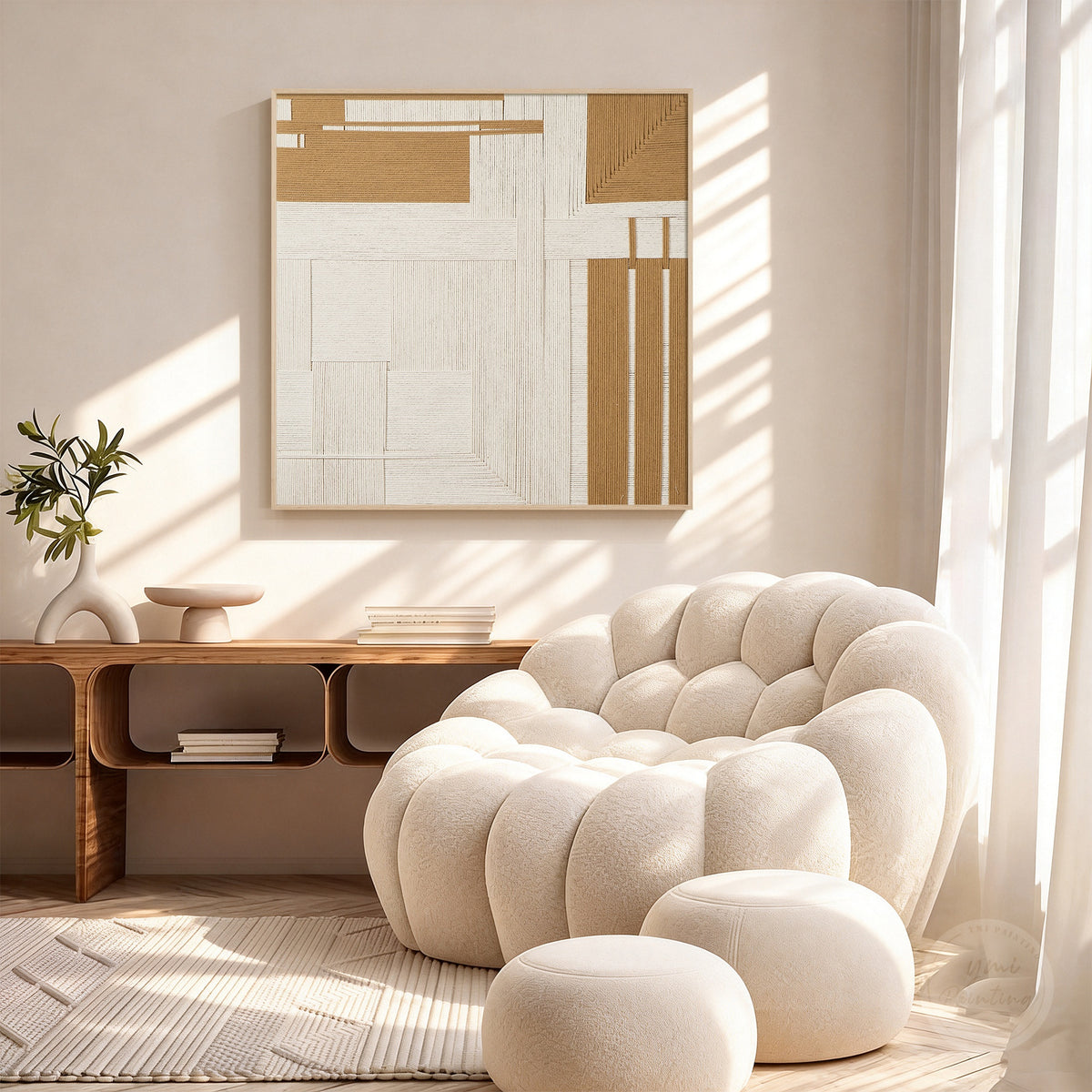 Modern woven fiber artwork in ivory and brown tones
