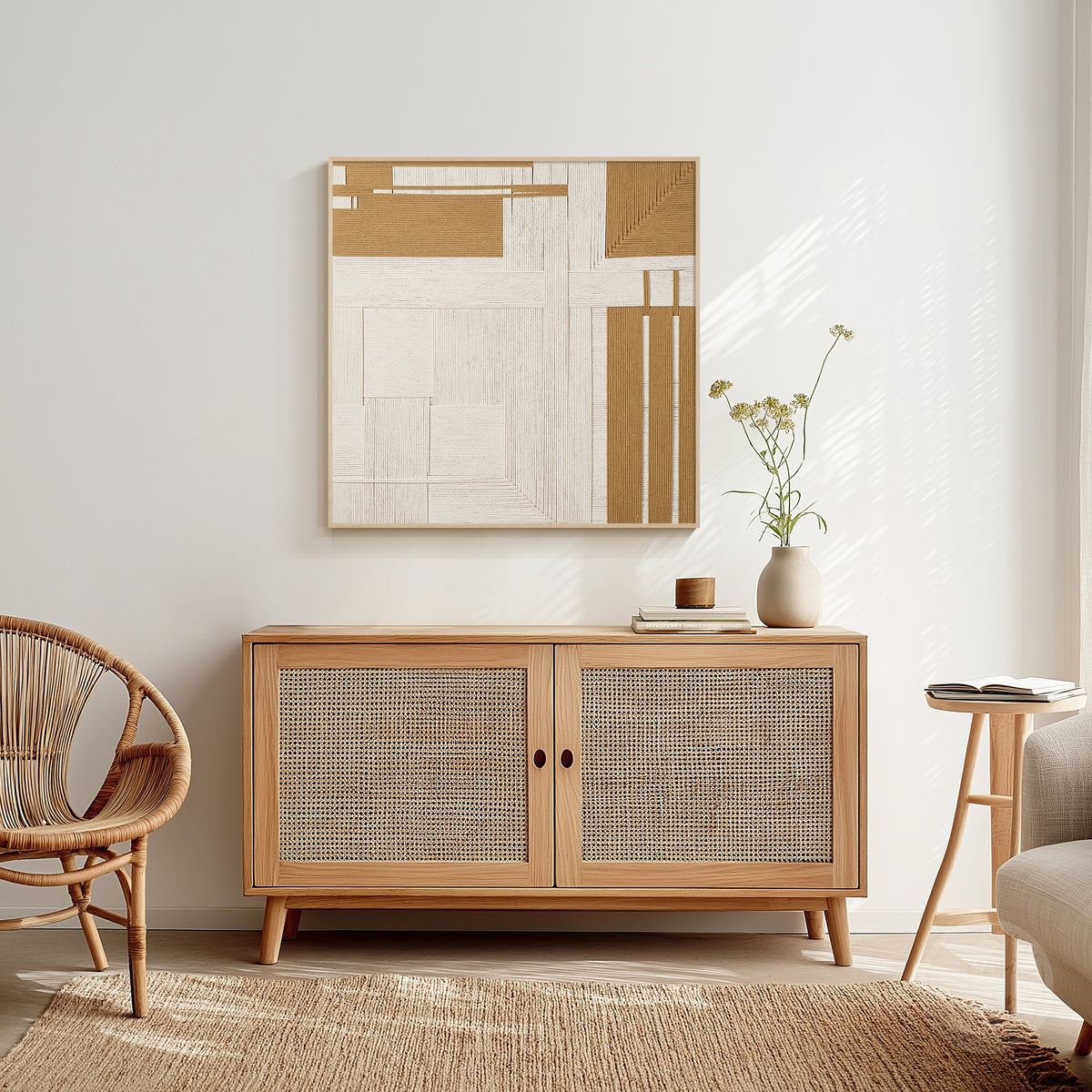 Textured natural fiber wall decor with layered lines