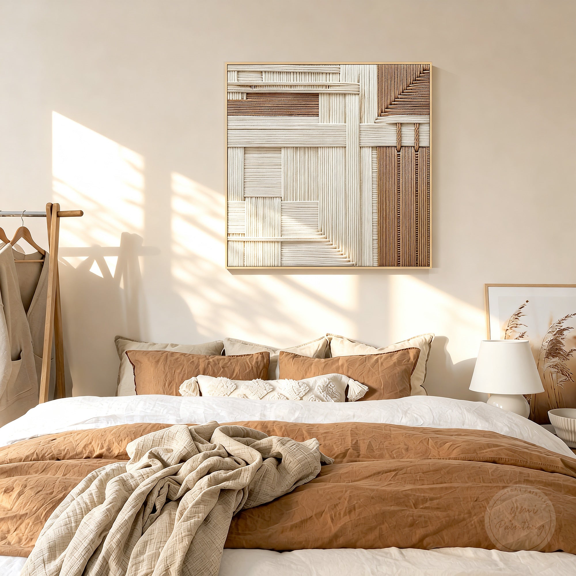 Contemporary fiber painting with geometric woven design